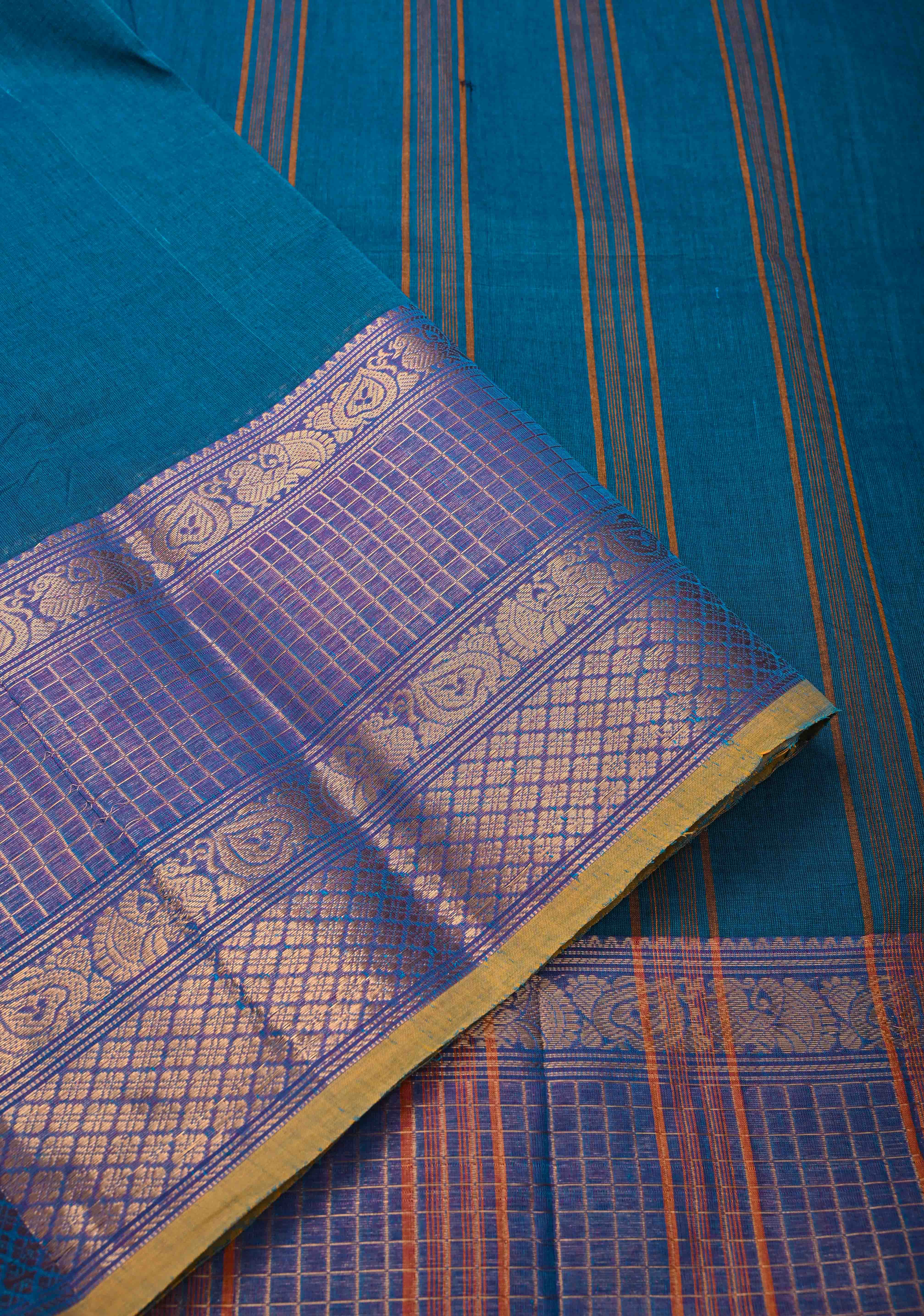Peacock blue  Kanchi Cotton Saree with checked panel zari border, No Blouse piece | Shobitam - Image 7