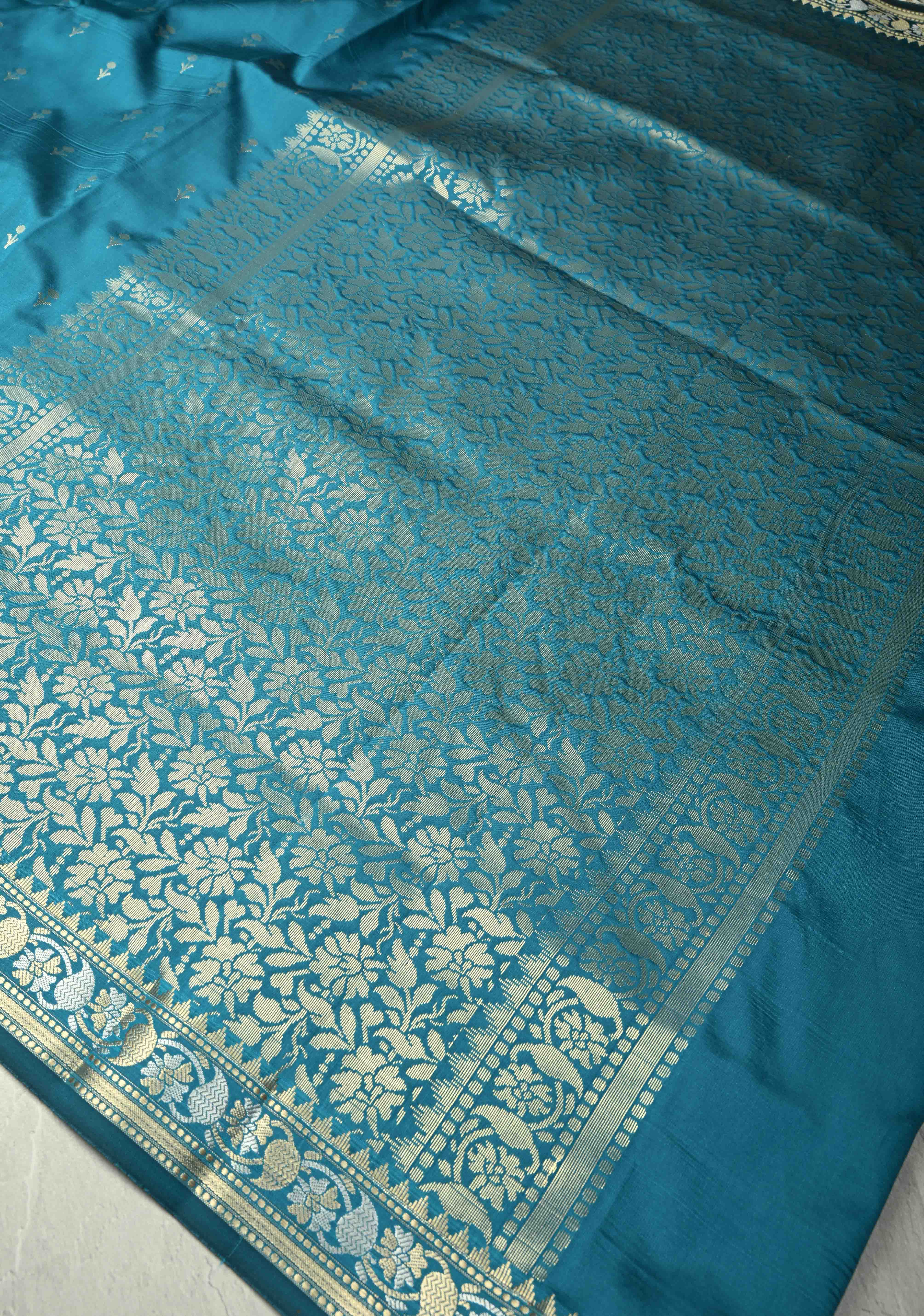 Peacock Blue Semi Silk Saree with Floral Buttis and Alfi Zari Border | Shobitam - Image 7
