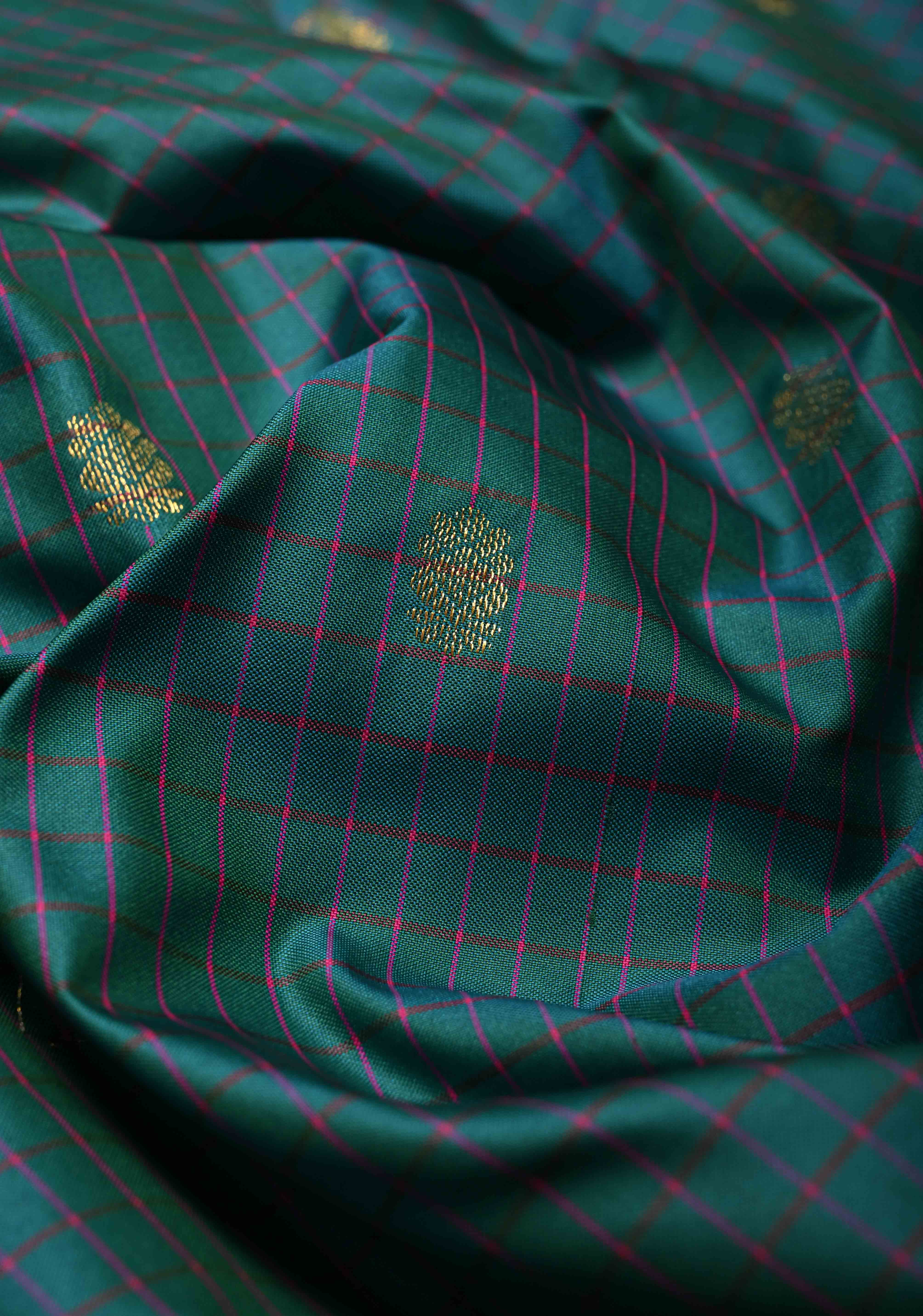 Peacock Green-Blue Dual tone Checks on Art Semi Gadwal Silk Saree with Zari Buttas and Contrast Zari Border | Shobitam - Image 3