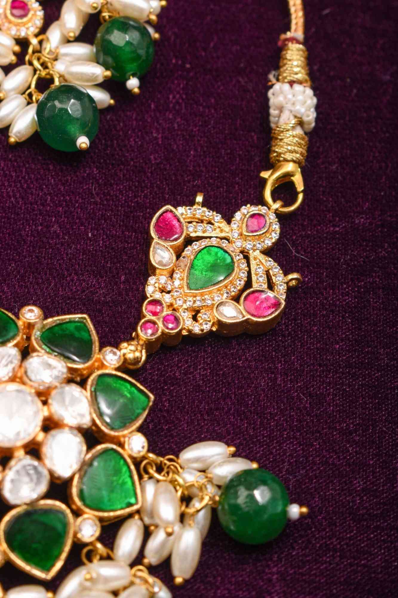 Pink And Green Stone Mini Choker and Chandelier earrings with rice pearls - Image 3
