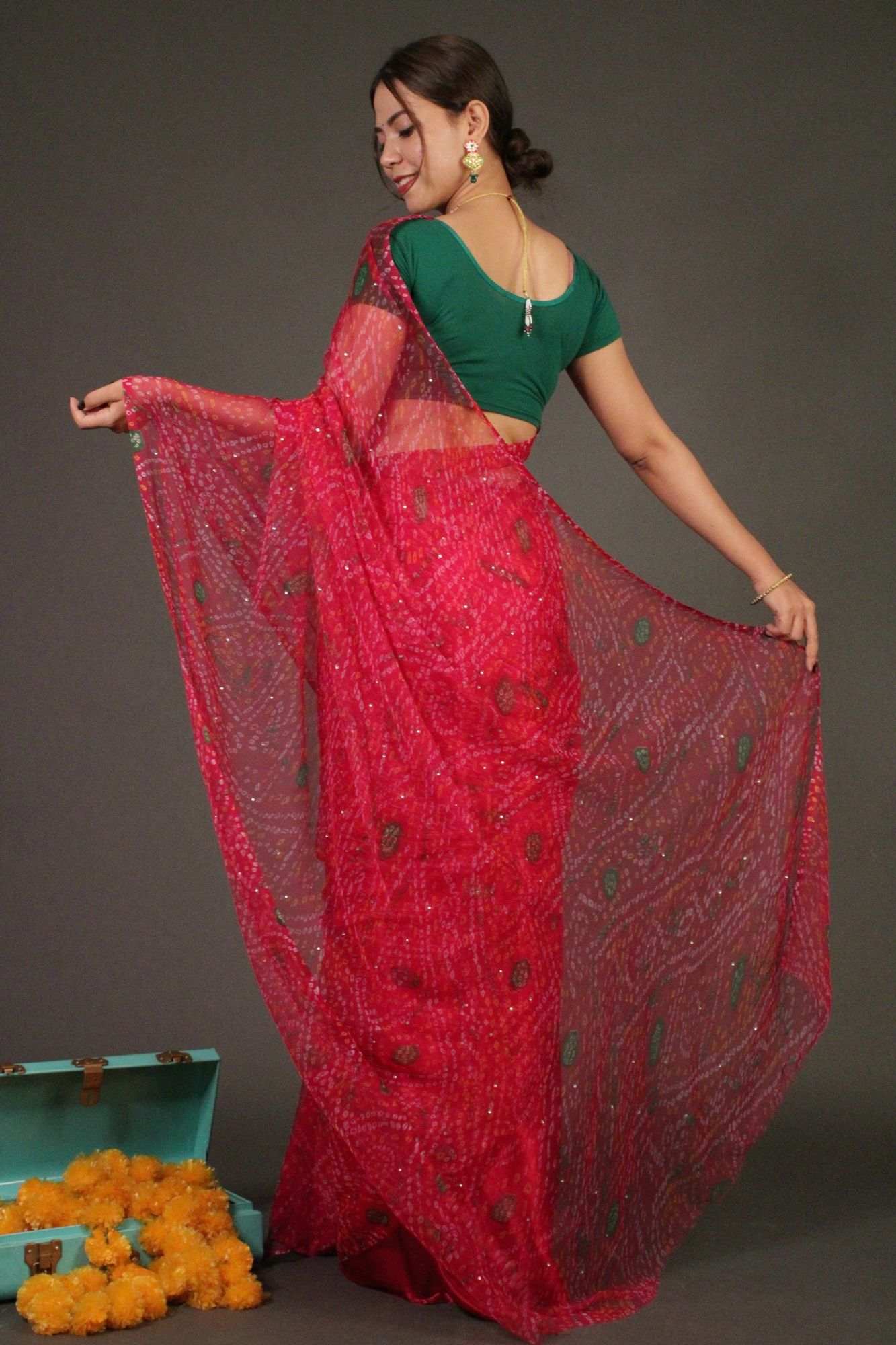 Pink Bandhani Chiffon with Sequins all over Half and half Wrap in 1 minute saree - Image 4