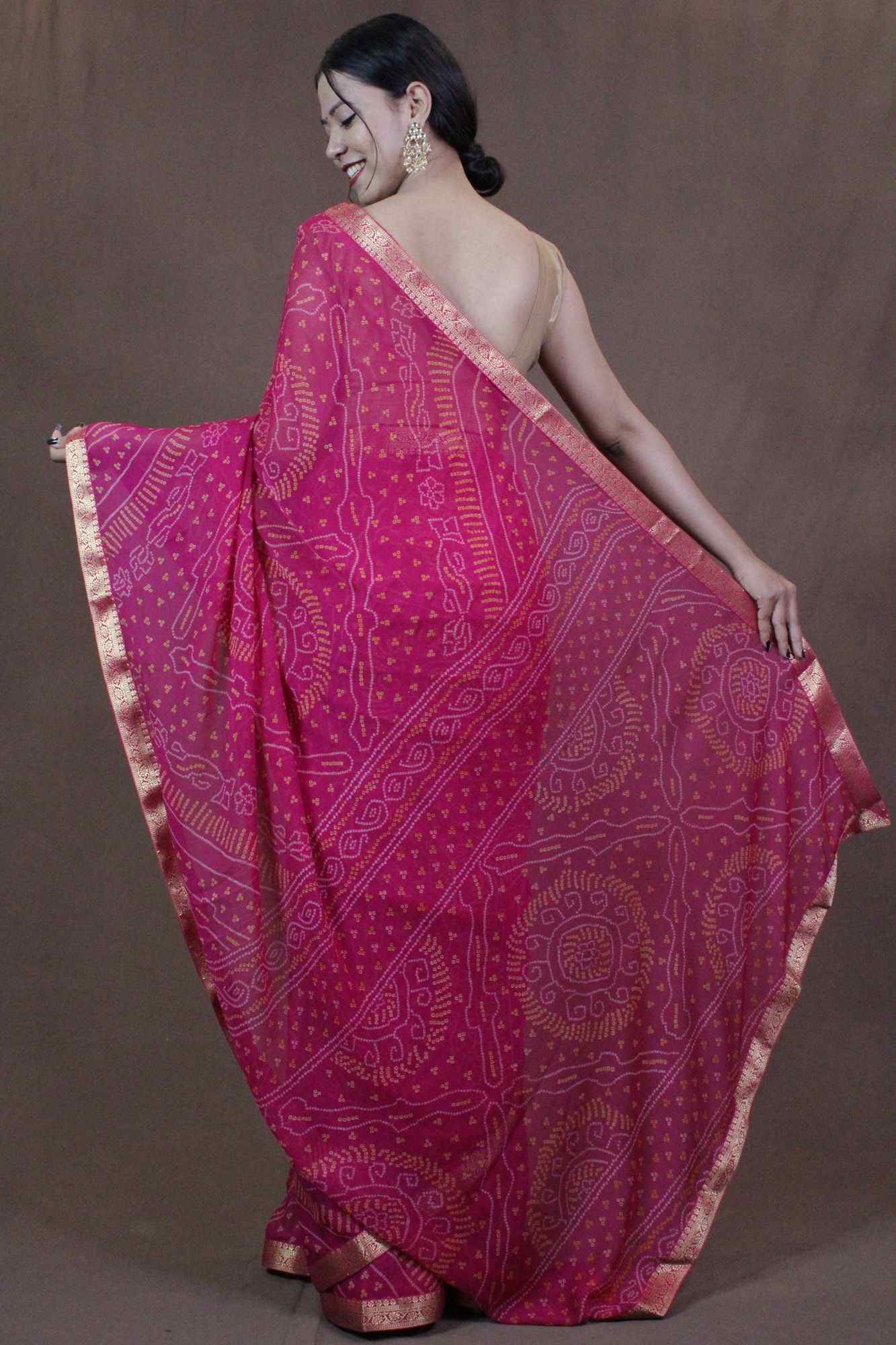 Pink Bandhani Chiffon Wrap in 1 minute saree - Image 3