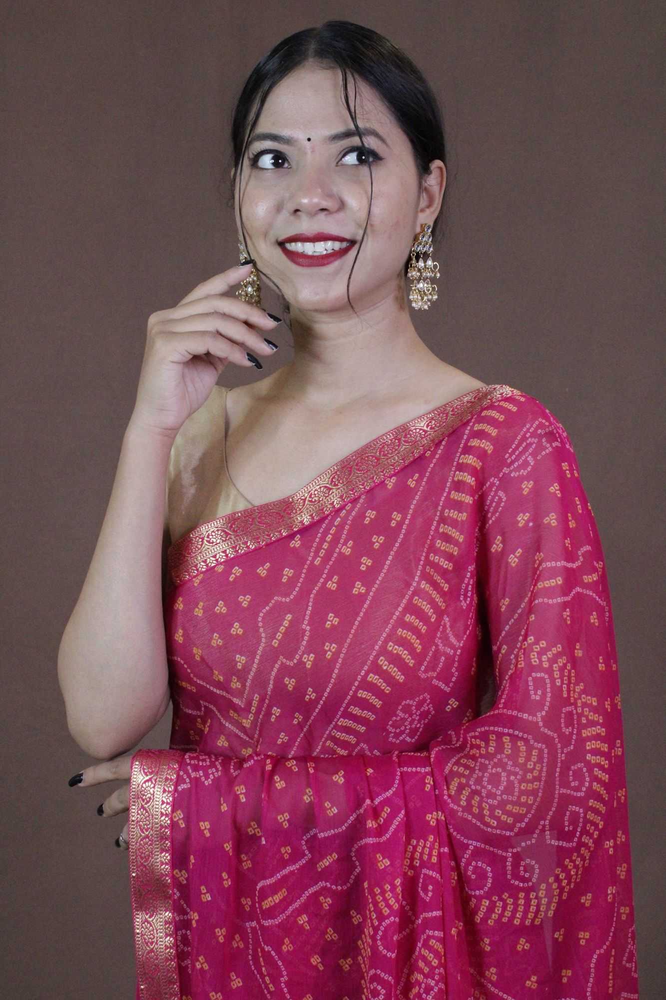 Pink Bandhani Chiffon Wrap in 1 minute saree - Image 4