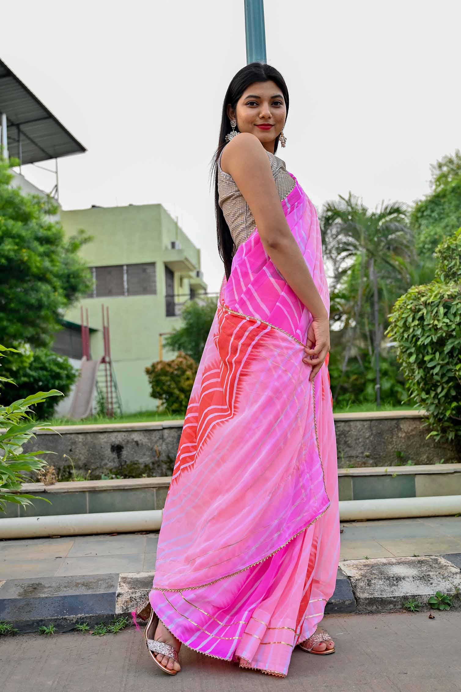 Pink Chiffon Lehriya Printed Wrap in 1 minute saree - Image 4