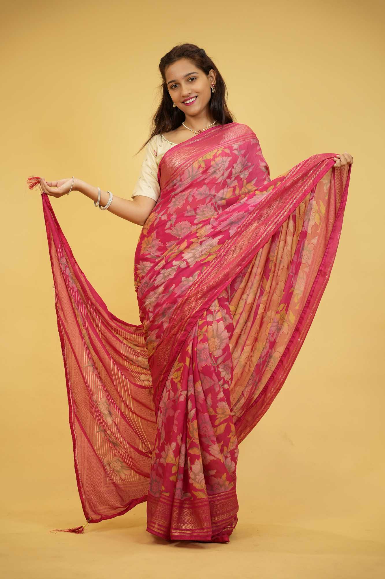Pink Floral Print in Viscose Georgette Ready To Wear Saree - Image 9