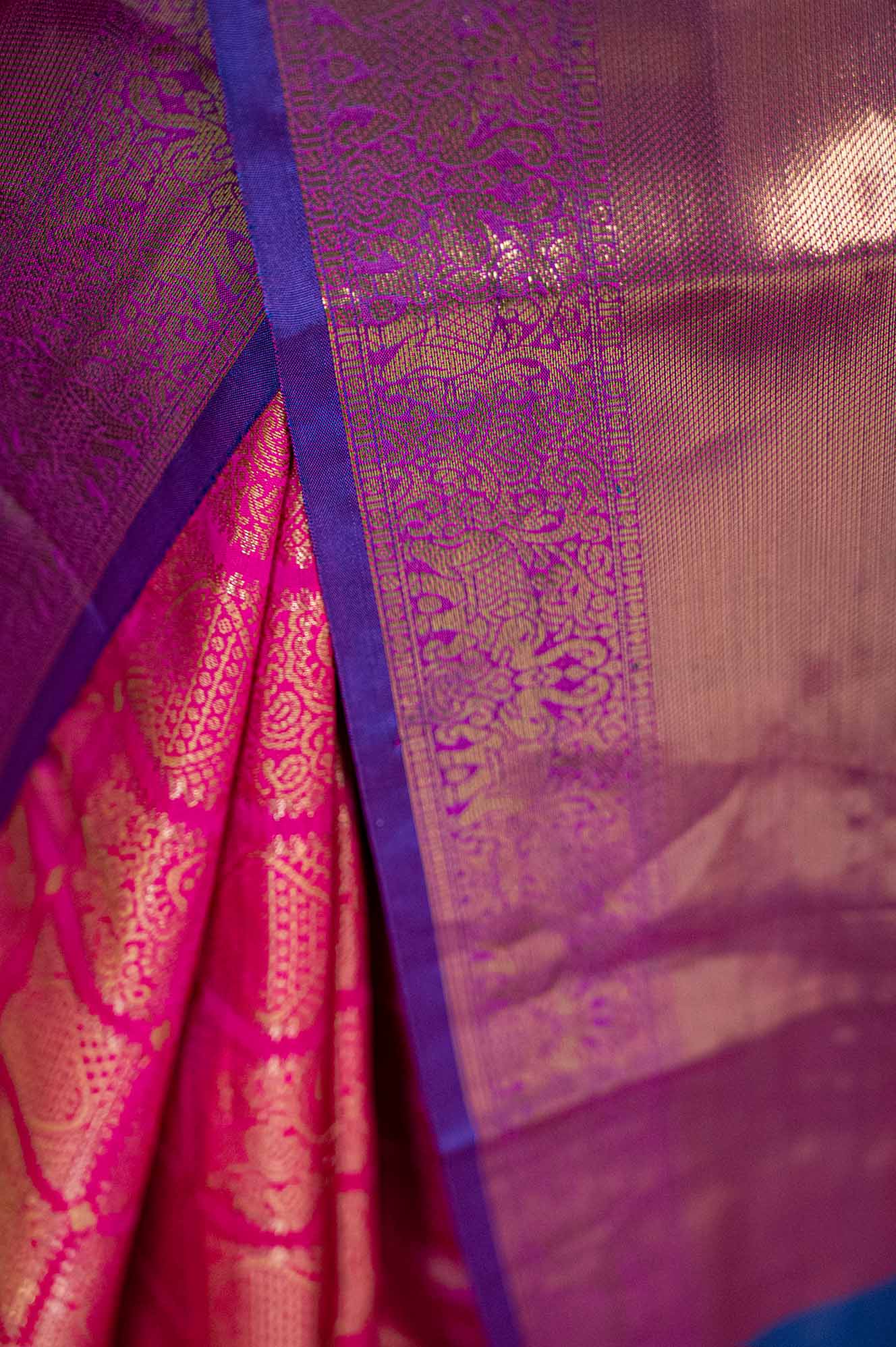 Pink & Golden Semi Silk Woven Design Kanjeevaram Wrap in 1 minute with ornate pallu - Image 4