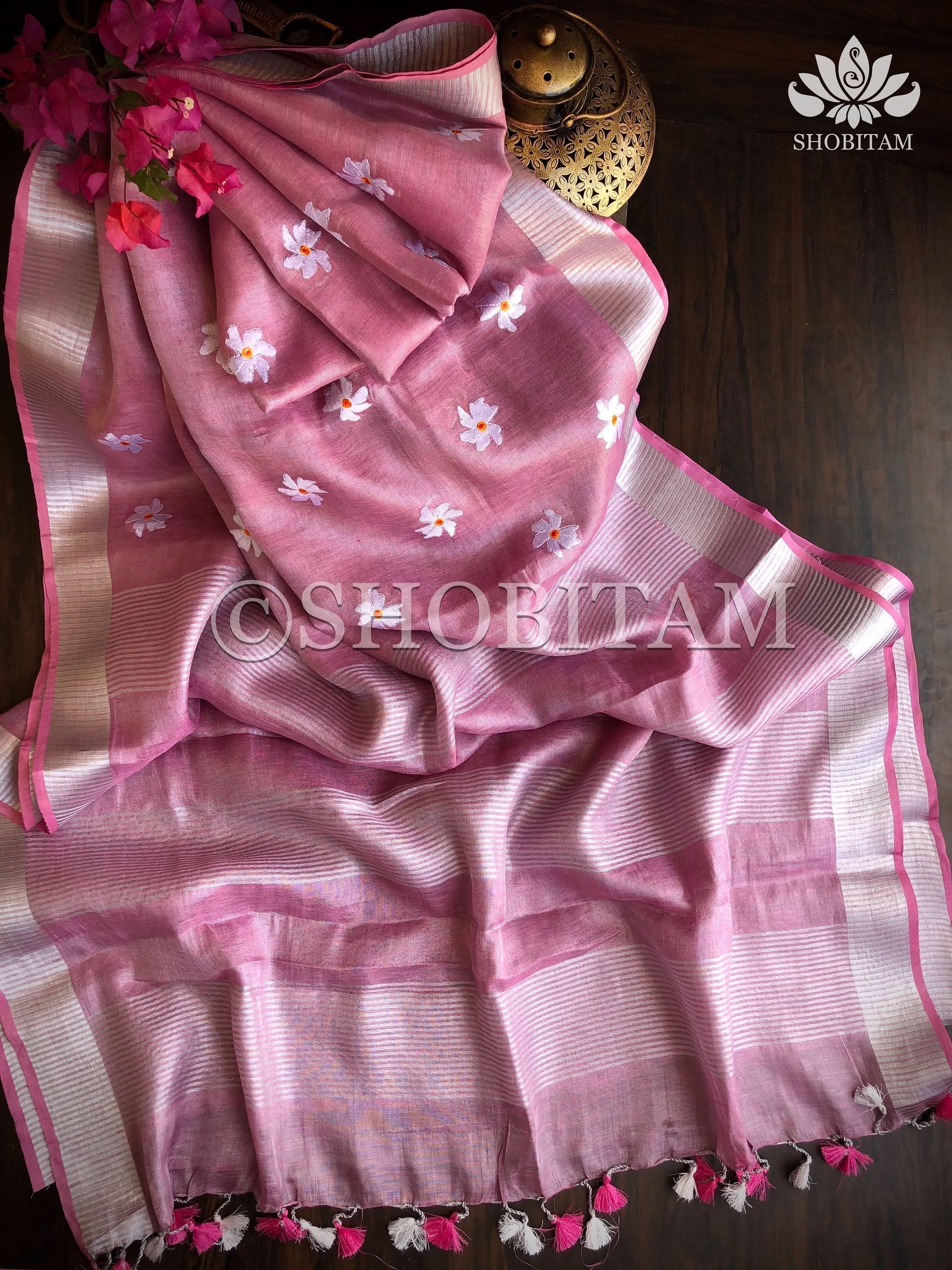 Pink Tissue Linen Saree with Parijaat Flower Embroidery | Shobitam Saree - Image 5