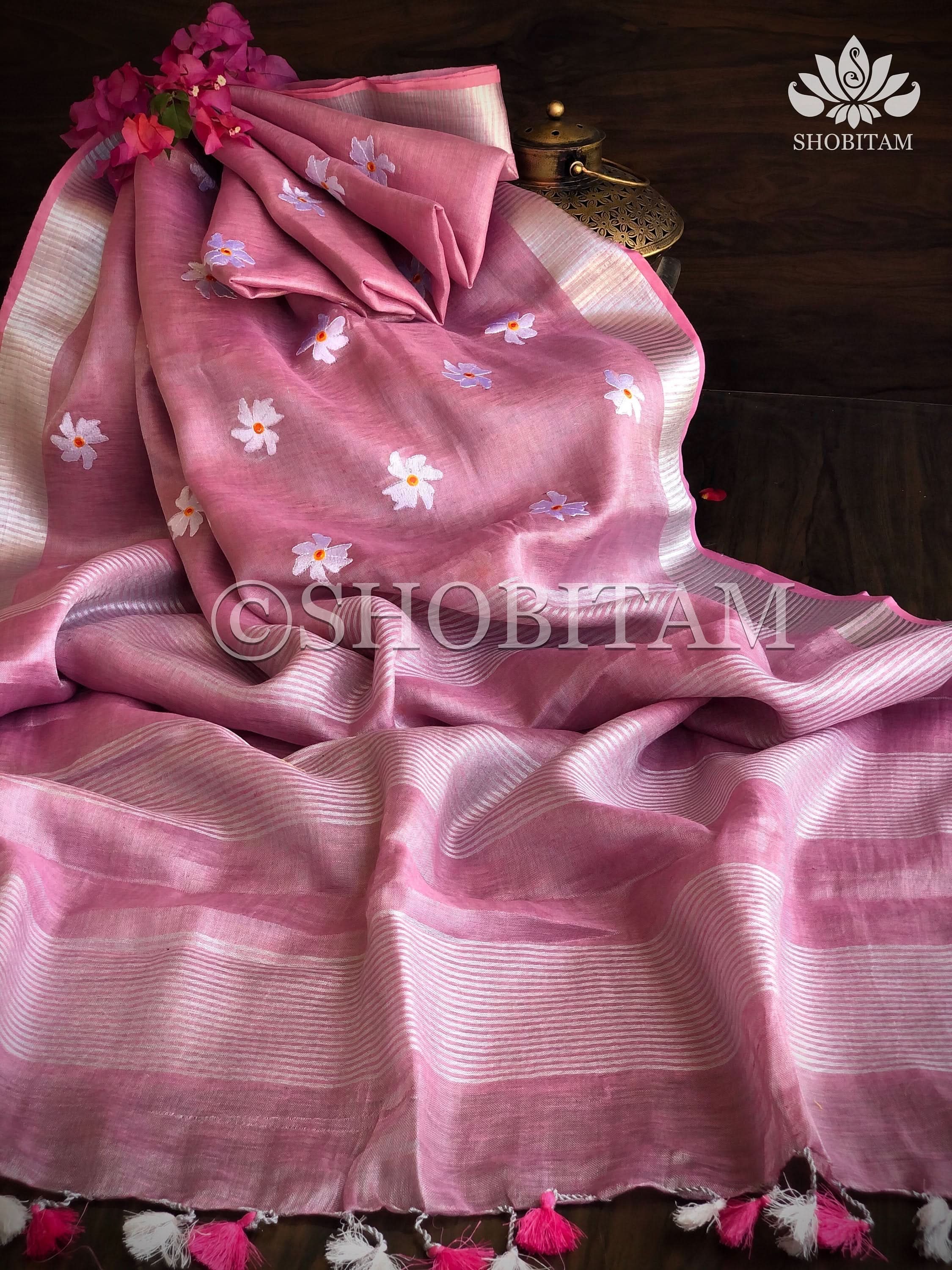 Pink Tissue Linen Saree with Parijaat Flower Embroidery | Shobitam Saree - Image 8