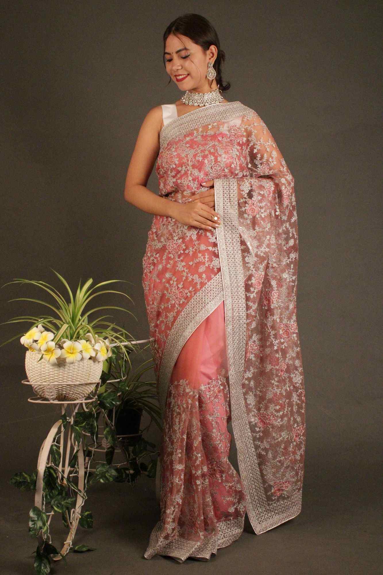 Pink & Peach Floral Zari thread Embroidered twinkiling Net Wrap in 1 minute saree - Image 3