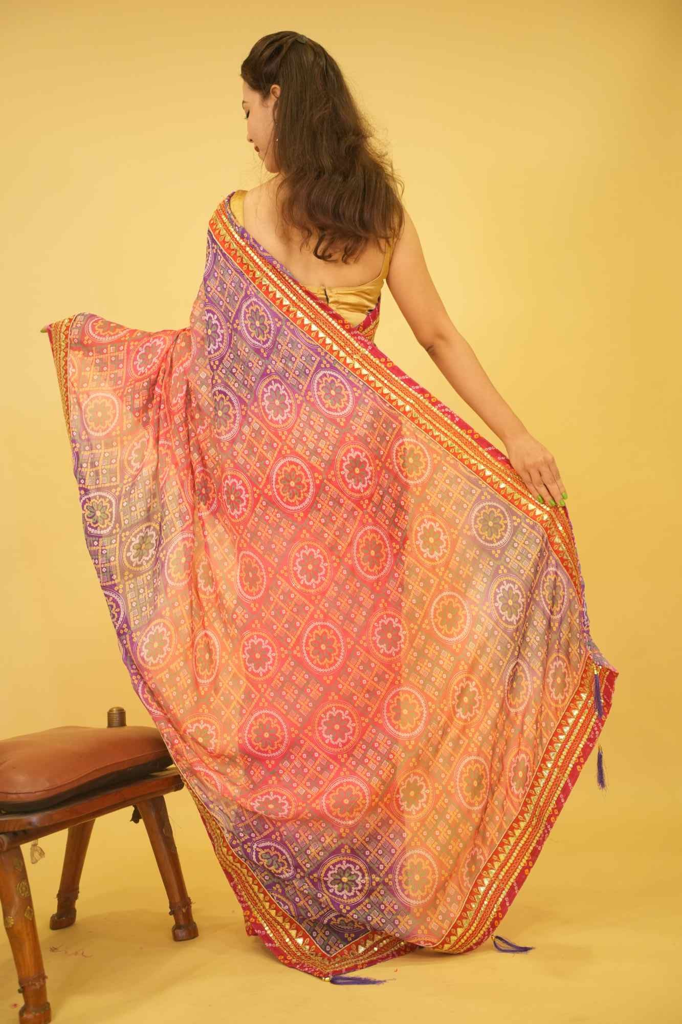 Pink & Purple Bandhani With Gota Patti Lace Bordered & Tassels On Palla Wrap In One Minute Saree - Image 4