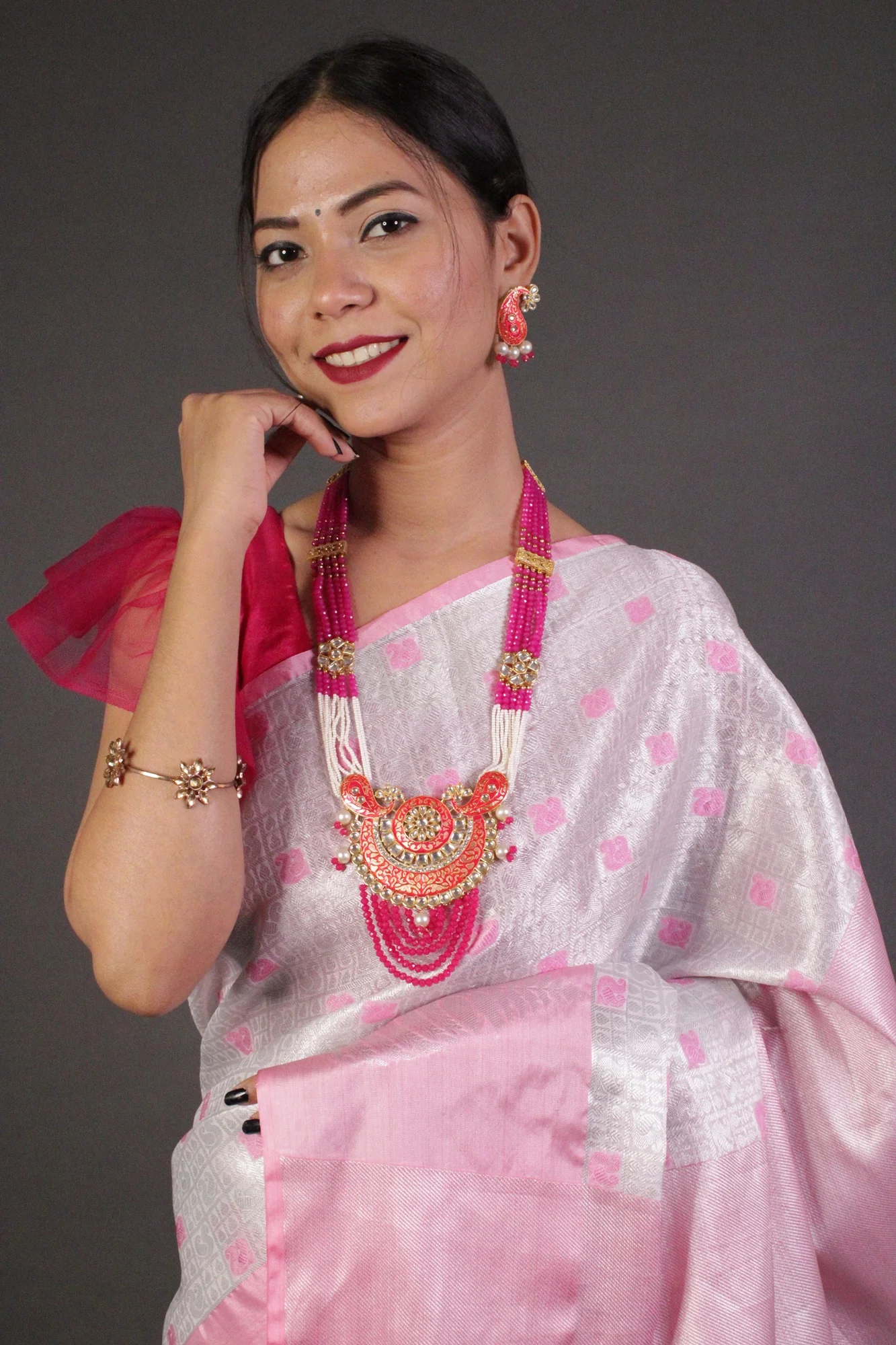 Pink-Silver Kora Muslin Wrap in 1 minute saree - Image 3