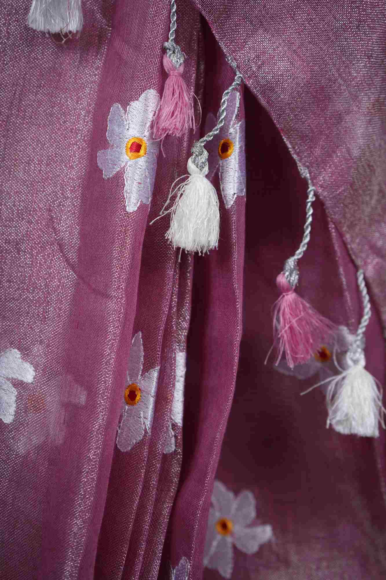 Pink Tissue Linen Saree with Parijaat Flower Embroidery Wrap in 1 minute saree - Image 11