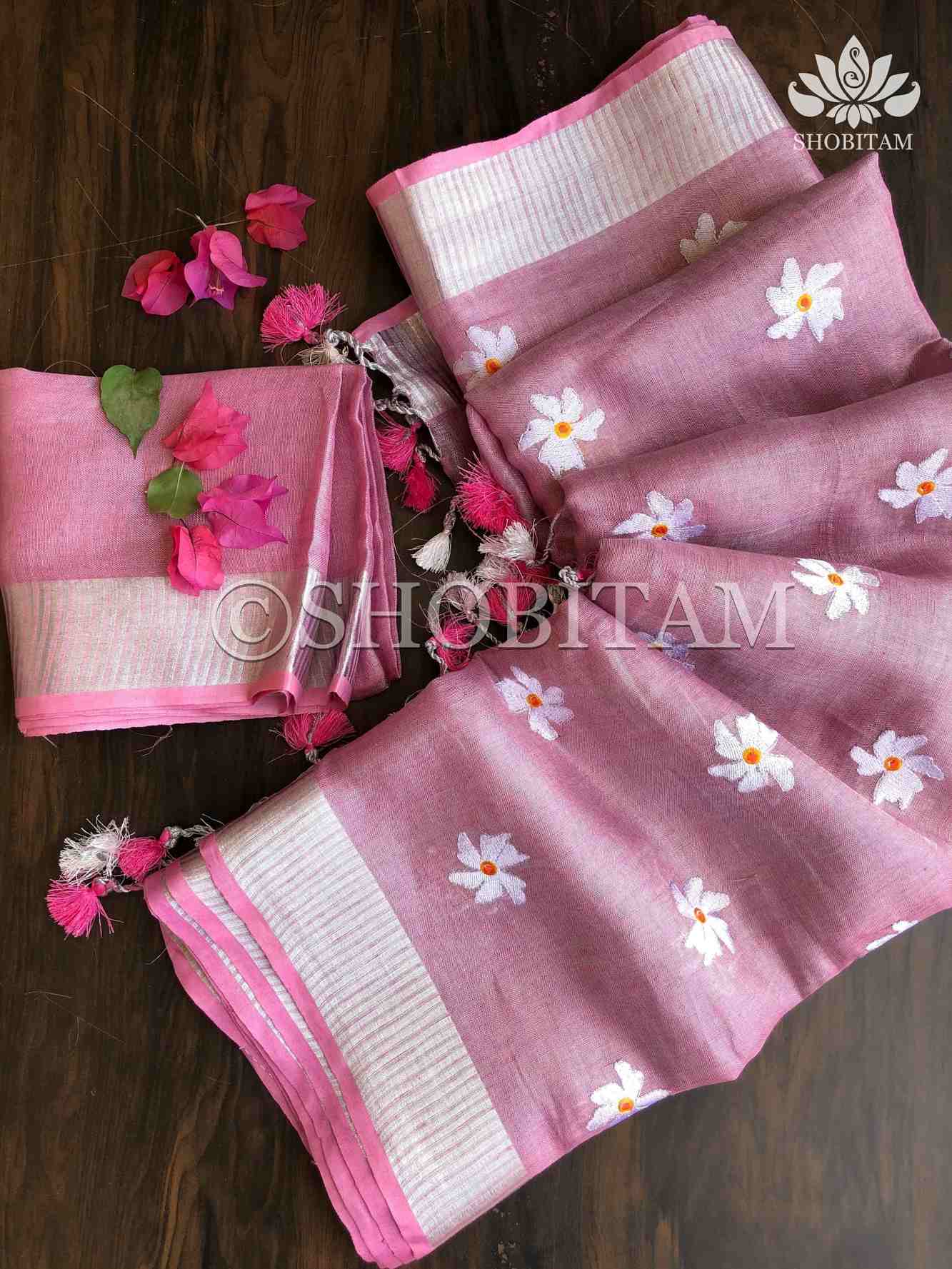 Pink Tissue Linen Saree with Parijaat Flower Embroidery Wrap in 1 minute saree - Image 6
