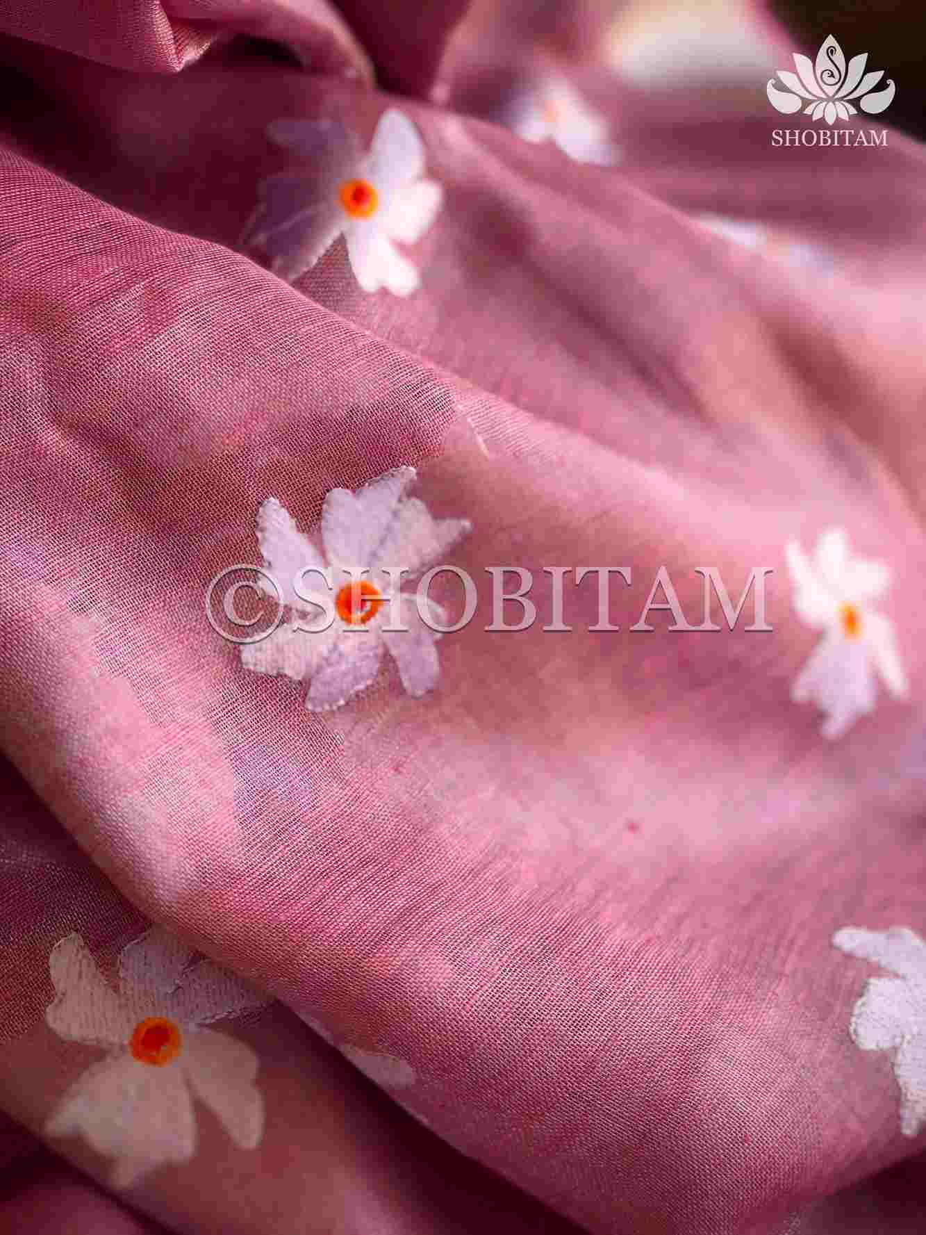 Pink Tissue Linen Saree with Parijaat Flower Embroidery Wrap in 1 minute saree - Image 7