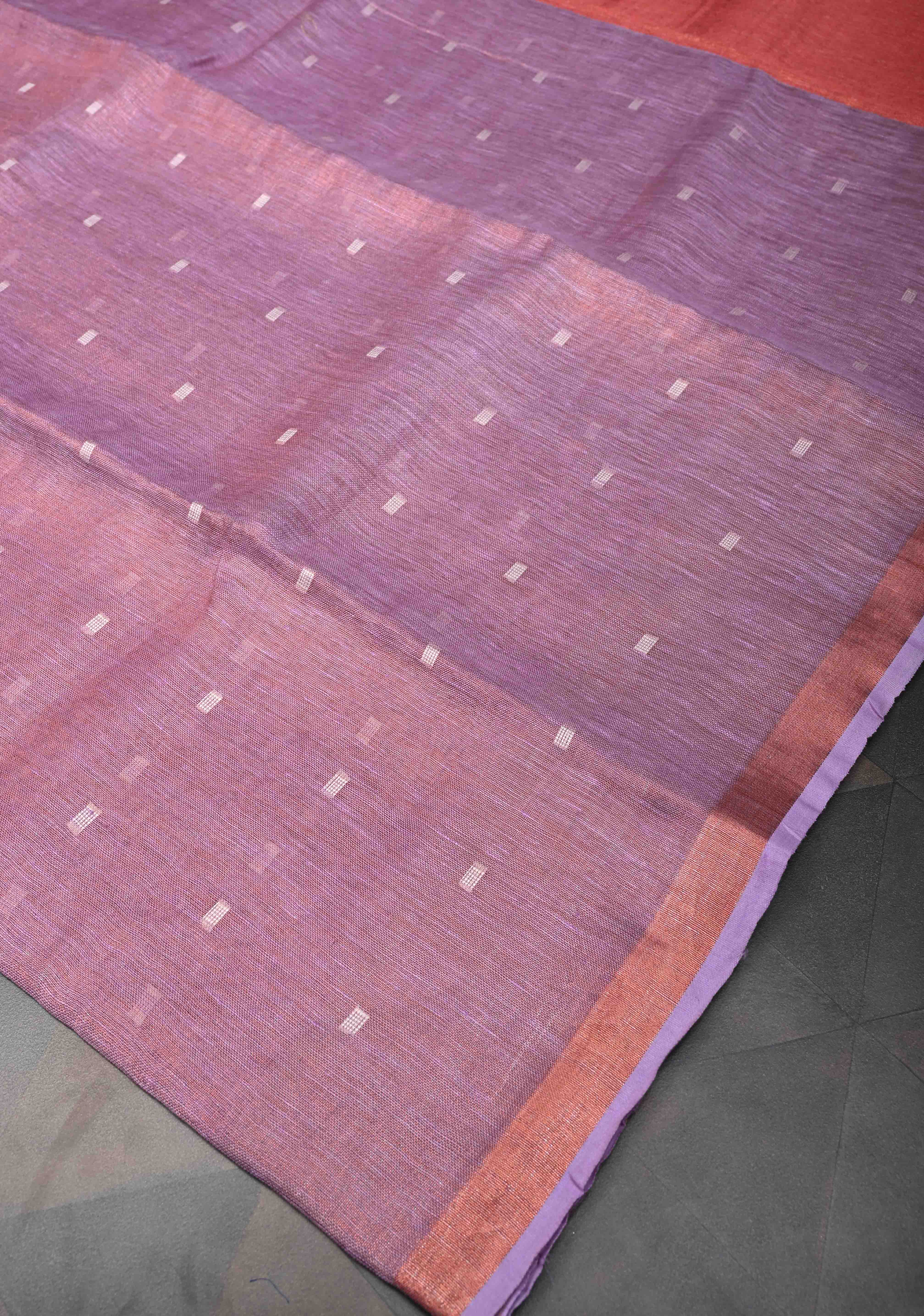 Pink Tissue Linen Saree with Thread Buttas Contrast Zari Border | Shobitam - Image 4