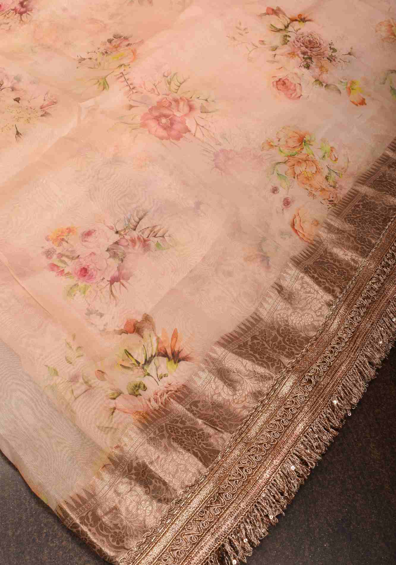 Pinkish Tan Pure Organza Silk Saree with Floral Digital Print and Lace Trim Border | SILK MARK CERTIFIED Ready To Wear Saree - Image 7