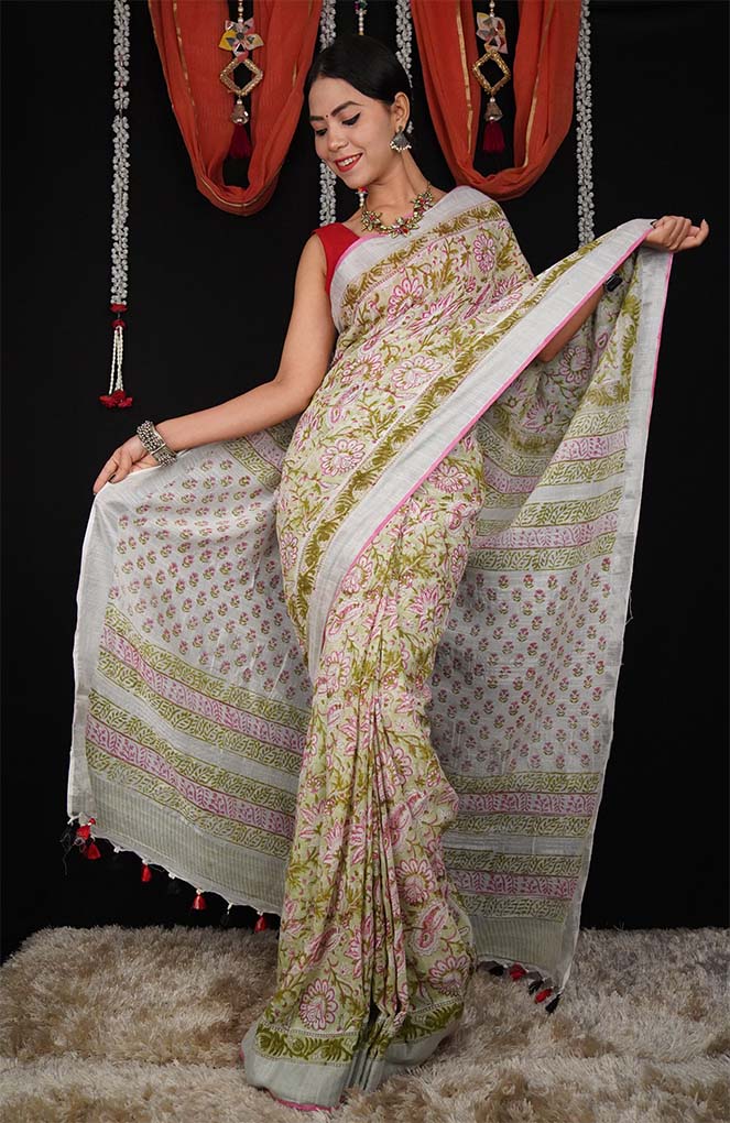 Pista Green-White Printed Cotton Linen Printed Wrap in 1 minute saree - Image 2