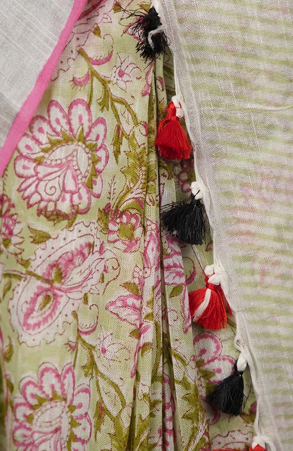 Pista Green-White Printed Cotton Linen Printed Wrap in 1 minute saree - Image 7