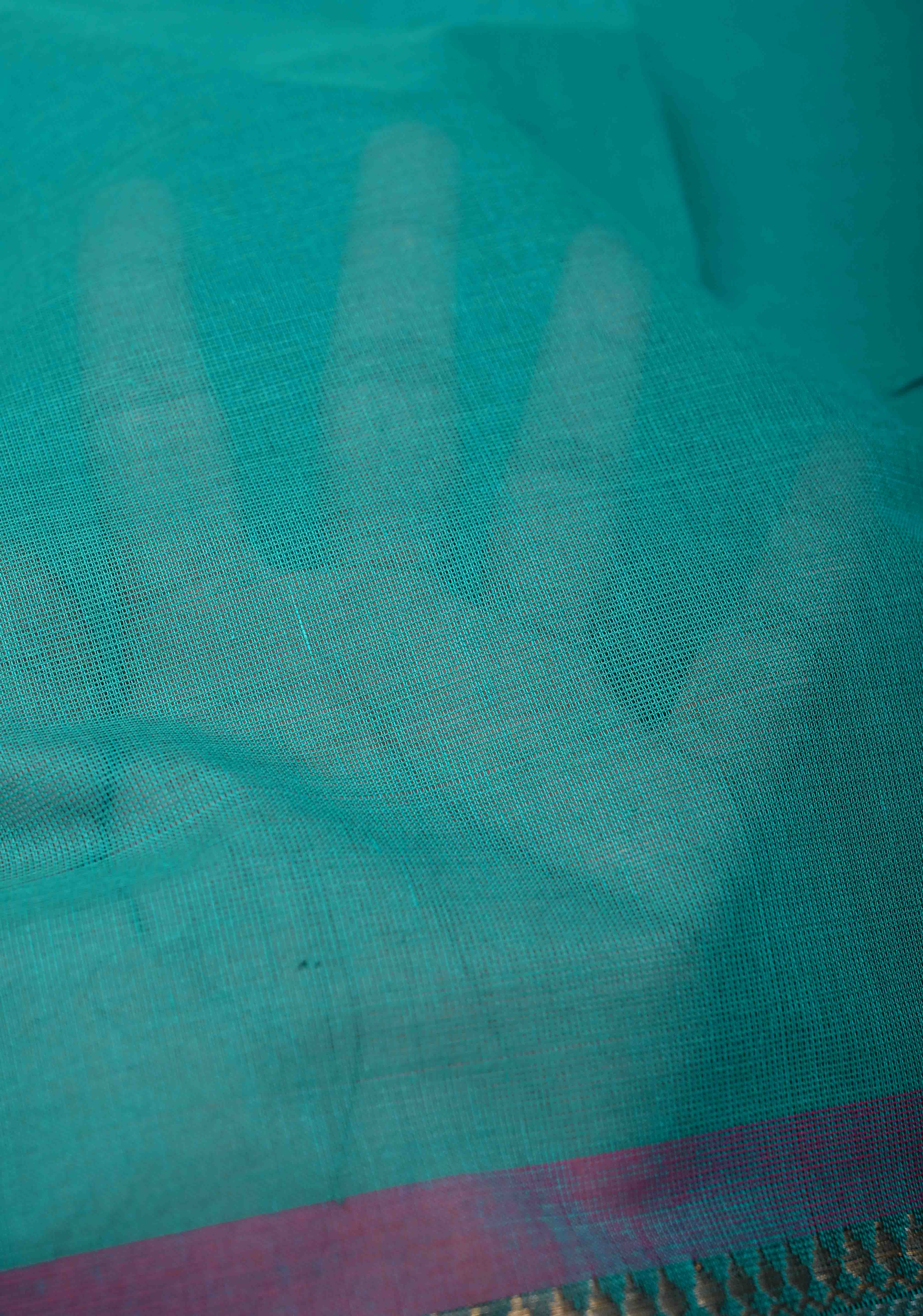 Teal Kanchi Cotton Saree with Contrast Zari Border | No Blouse piece | Shobitam - Image 7