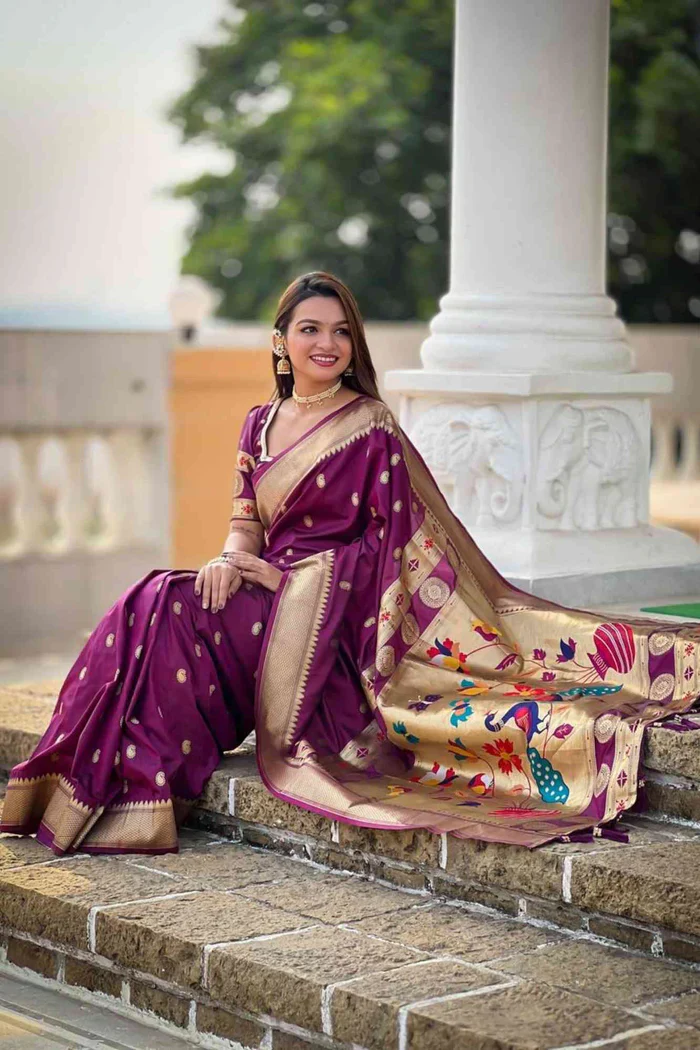 Plum Paithani Silk Saree with golden meenakari inspired woven pallu zari border ready to wear | SILK MARK CERTIFIED - Image 6