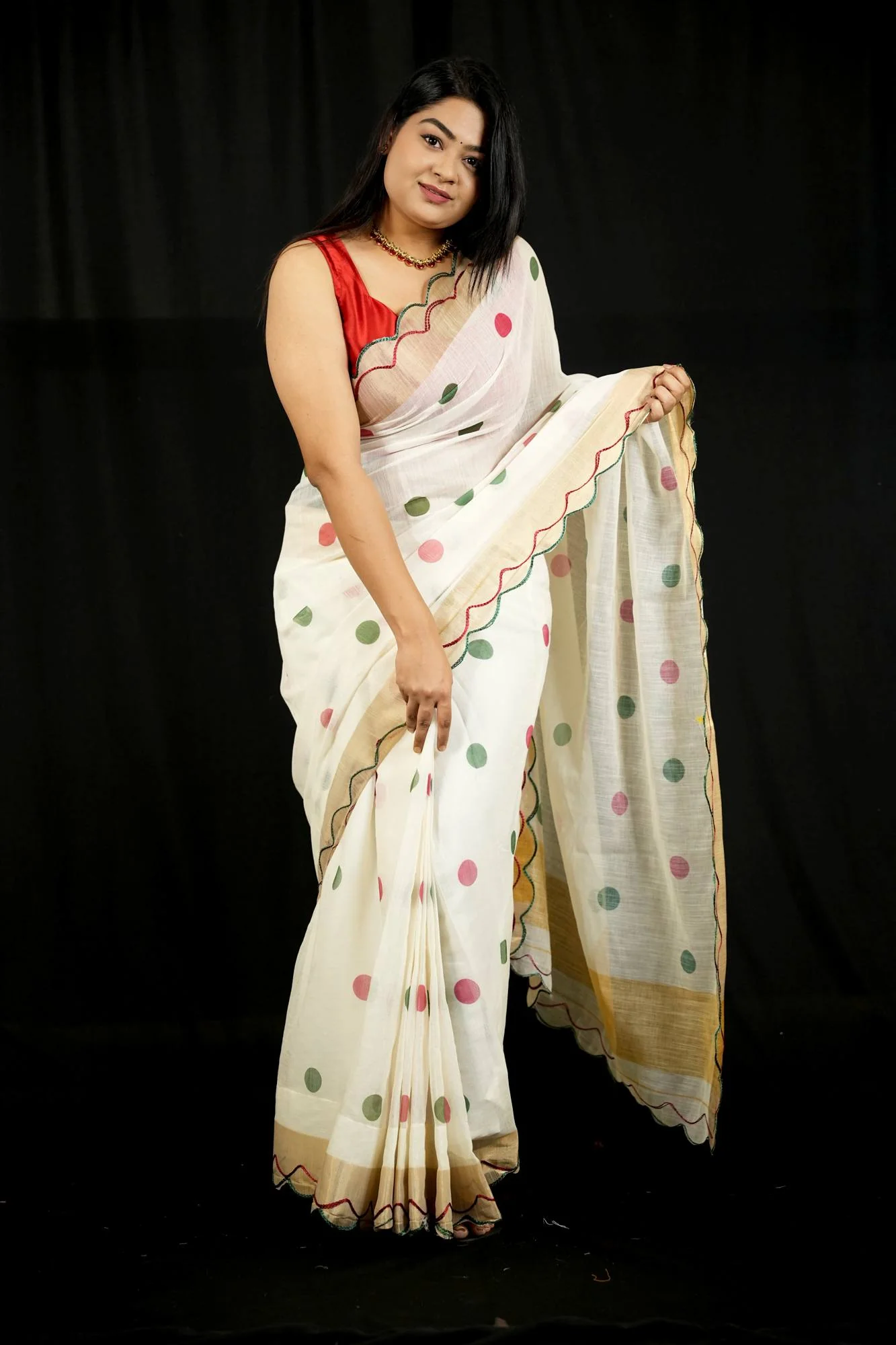 Polka Linen with Gold Zari and Scallop Border Ready To Wear Saree - Image 3