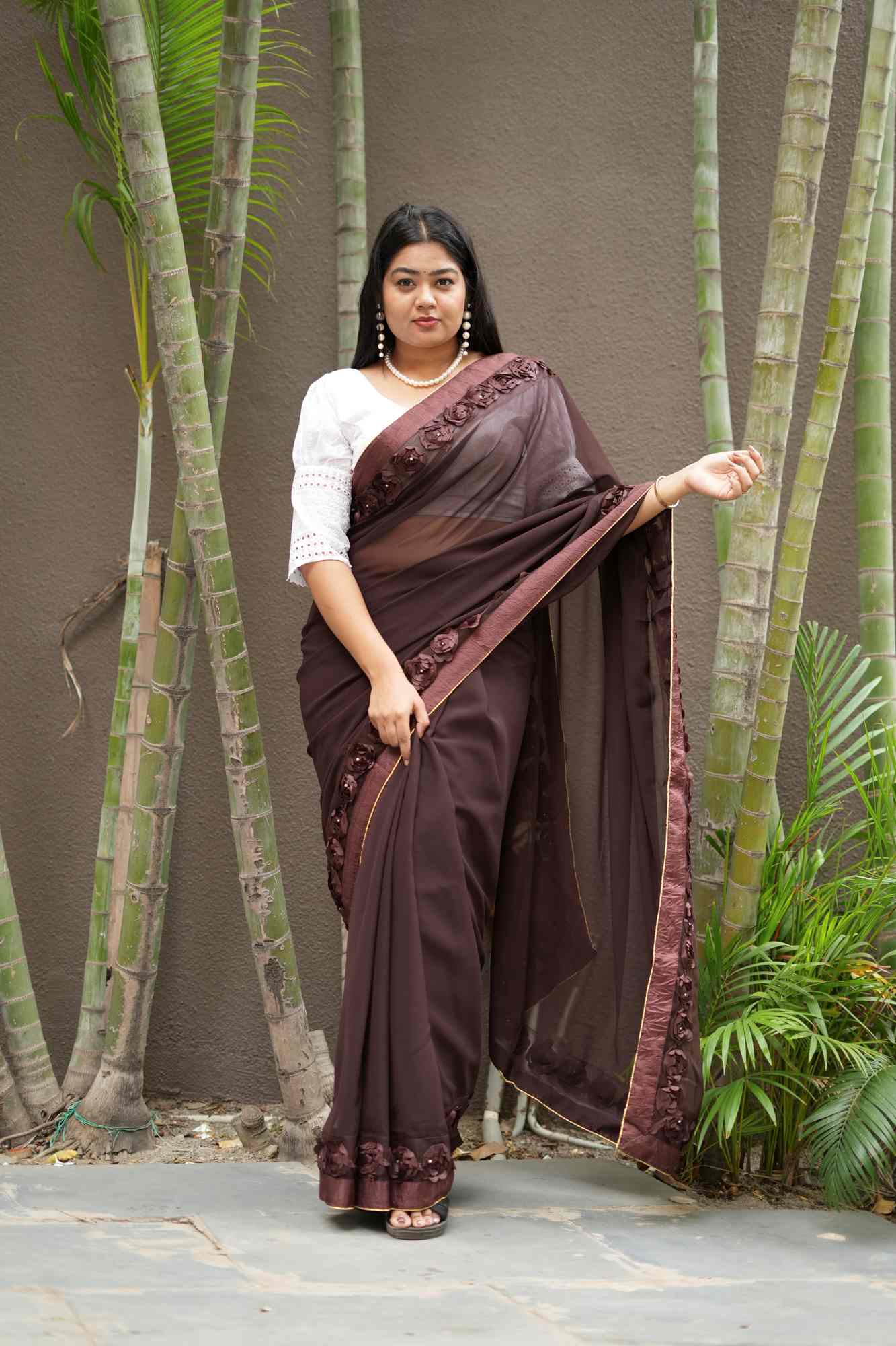 Poly Georgette with 3D Floral Embellished Border Ready To Wear Saree - Image 12