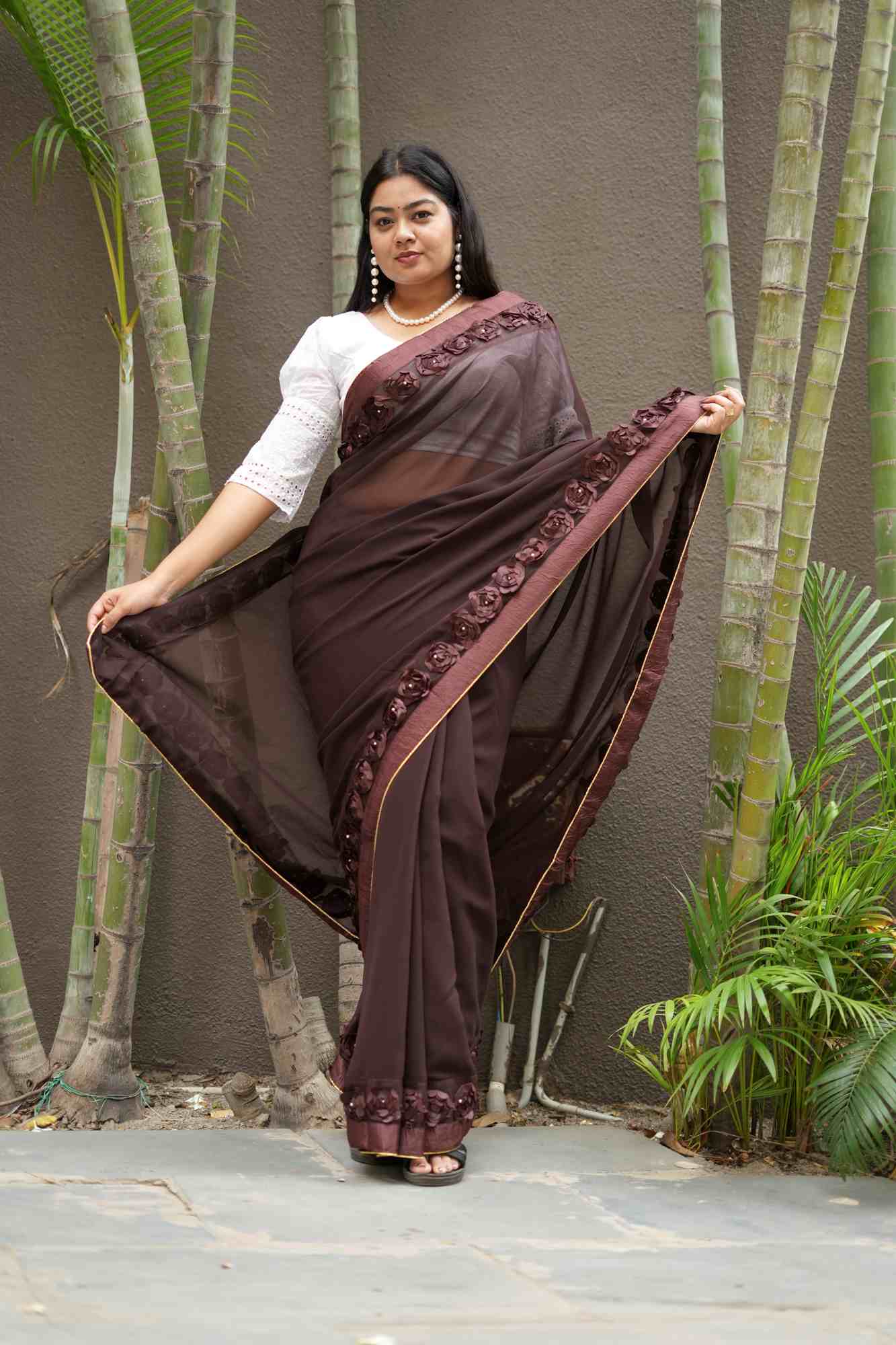 Poly Georgette with 3D Floral Embellished Border Ready To Wear Saree - Image 14