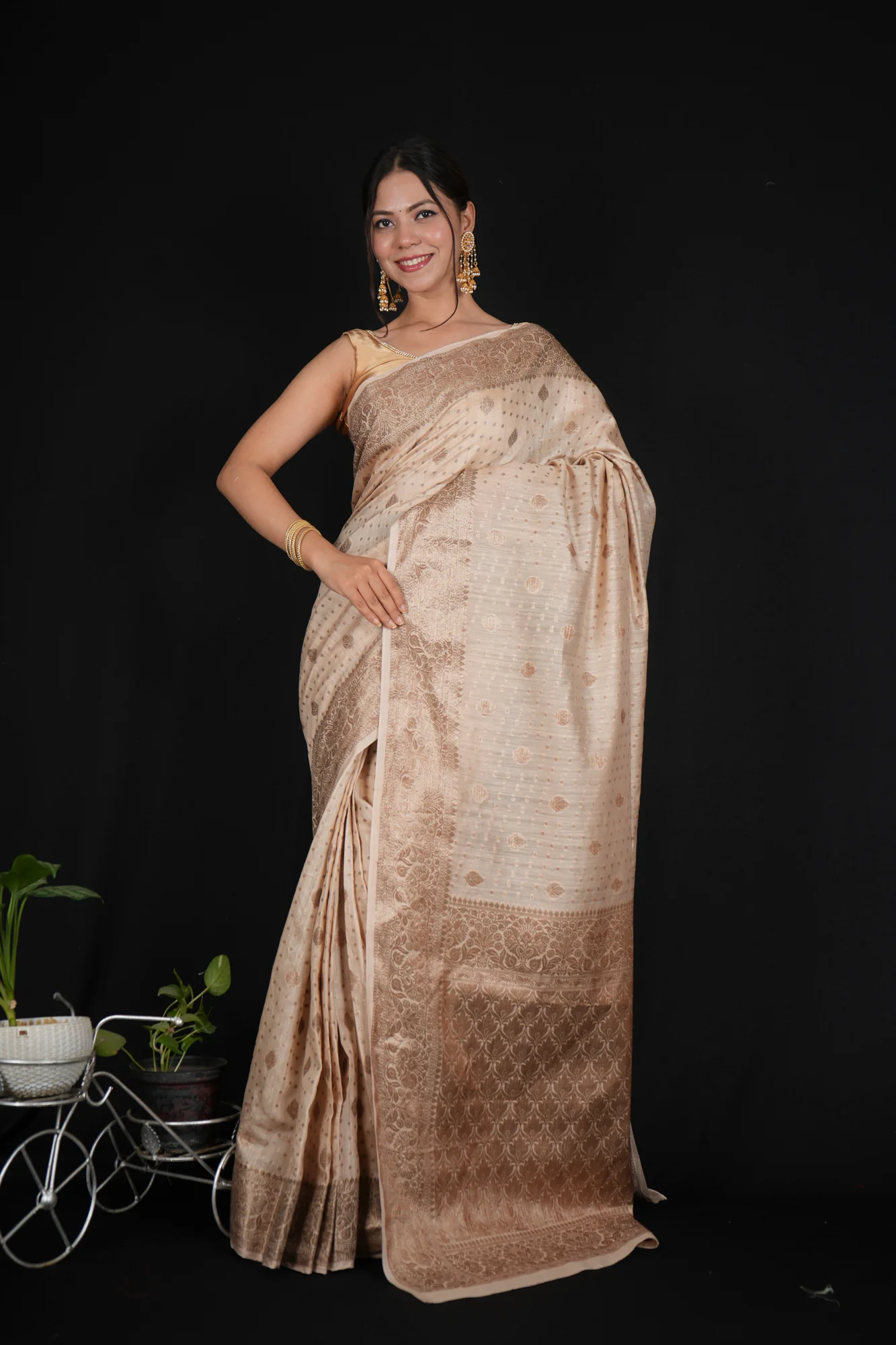 Pre Drape Gold Toned Pure Munga Tussar Silk With Meenakari Detail Buttas & Ornate Bordered Saree - Image 8
