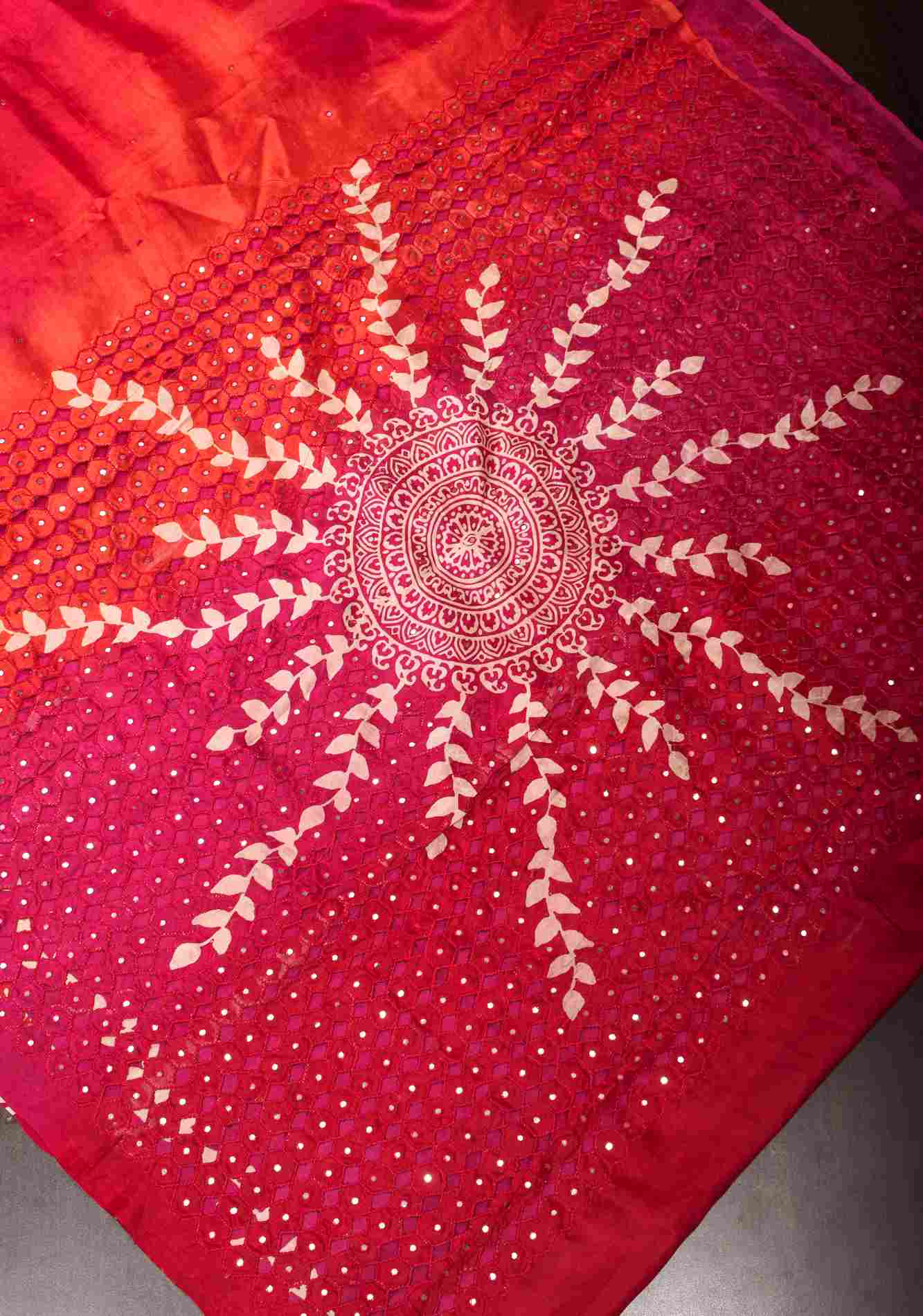 Pre drape Red ombre mandala motifs cut work Tussar Silk Saree | CERTIFIED SILK - Image 6