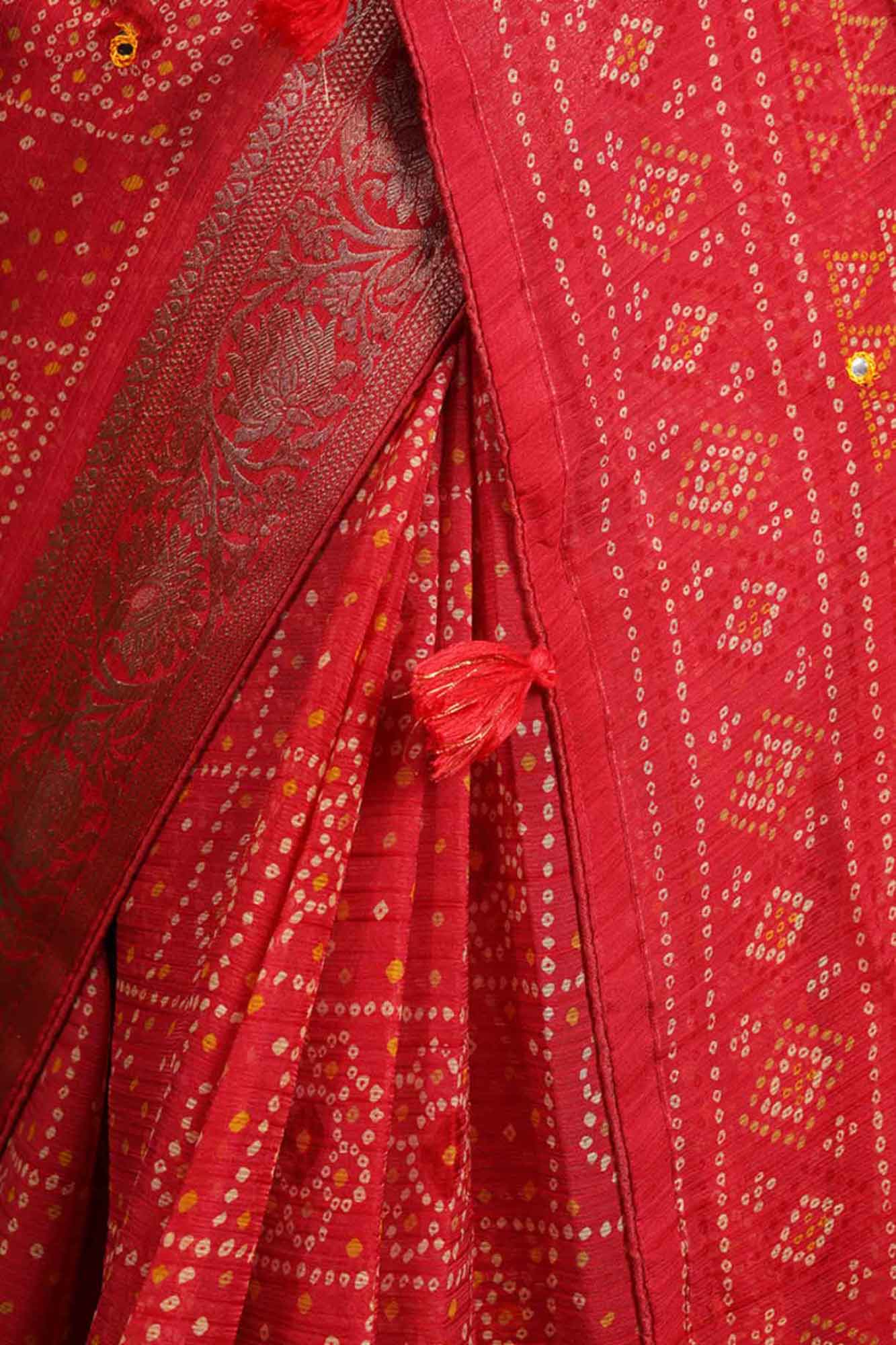 Pre-Stitched  Chiffon  Bandhej Print & Mirror Interwoven Jacquard Border Saree - Image 6