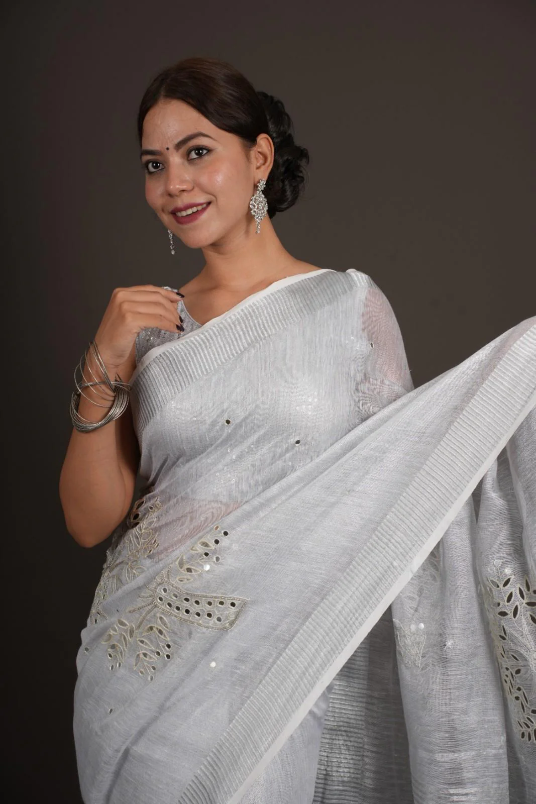 Premium Handloom Bhagalpuri Silk With  Cut Work & Mirror Embroidered Wrap In 1 Minute Saree - Image 11