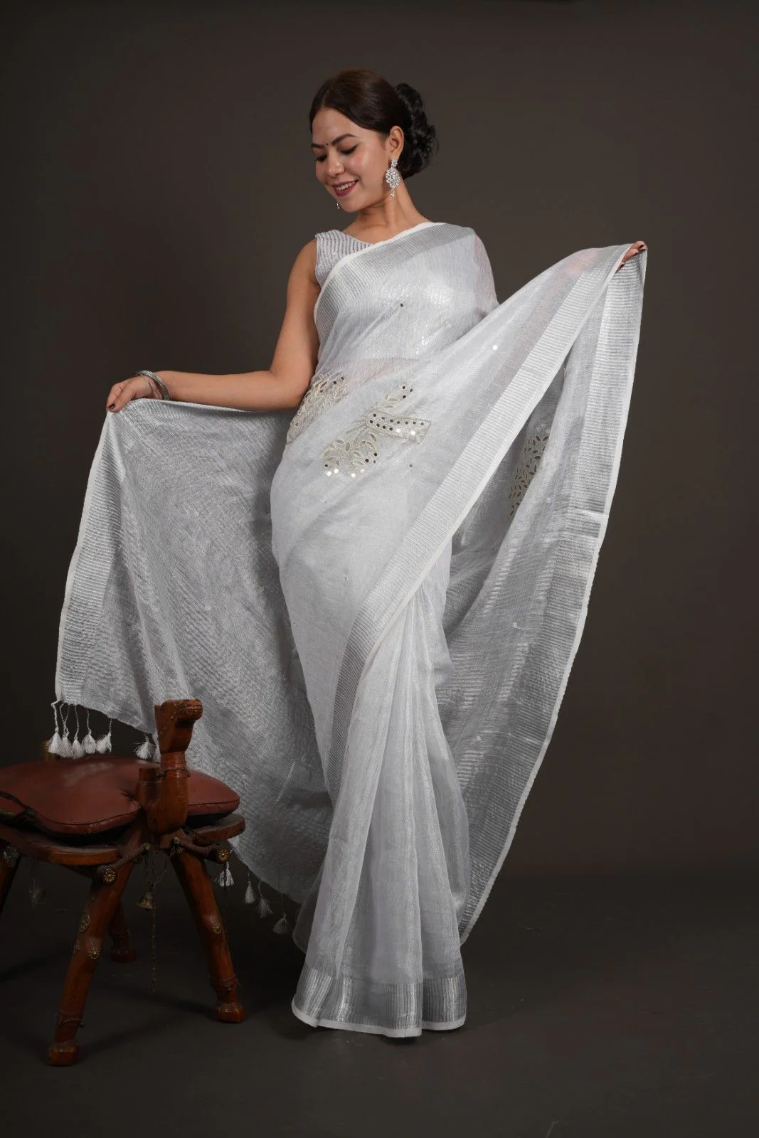 Premium Handloom Bhagalpuri Silk With  Cut Work & Mirror Embroidered Wrap In 1 Minute Saree - Image 8