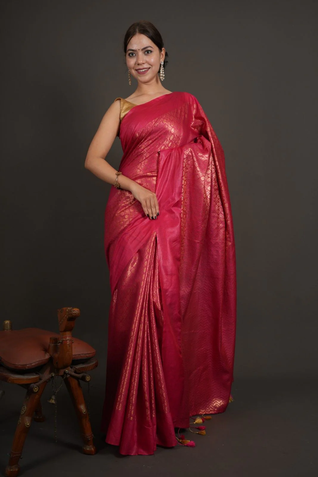 Premium Handwoven Silk Overall Resham Weave With Tassels On Palla Ready To Wear Saree - Image 10