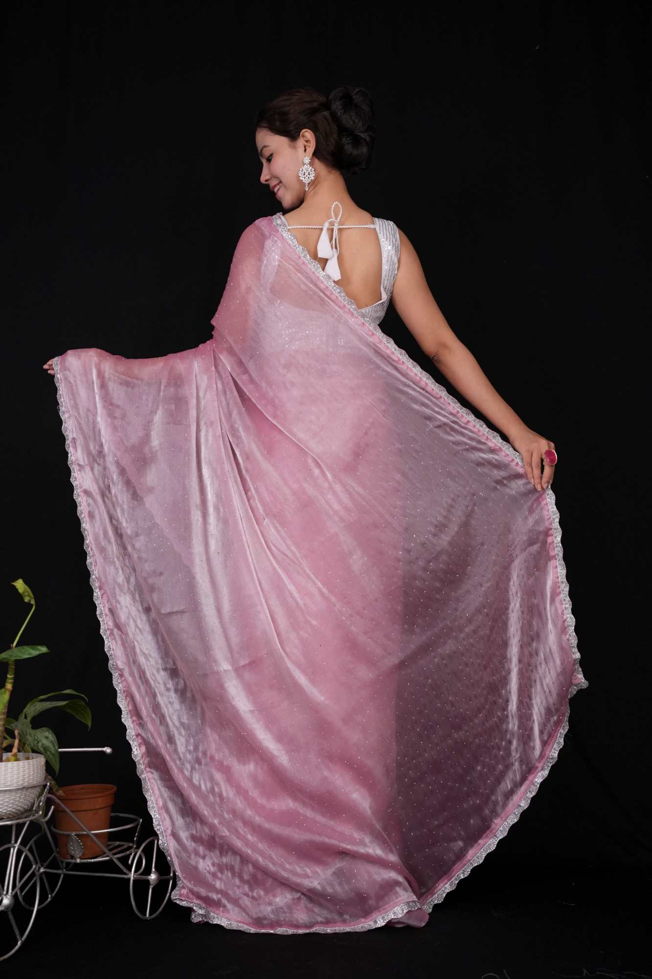 Premium Chiffon silk with silver lace border and stone embellishments all over Predraped Ready to Wear Saree - Image 5