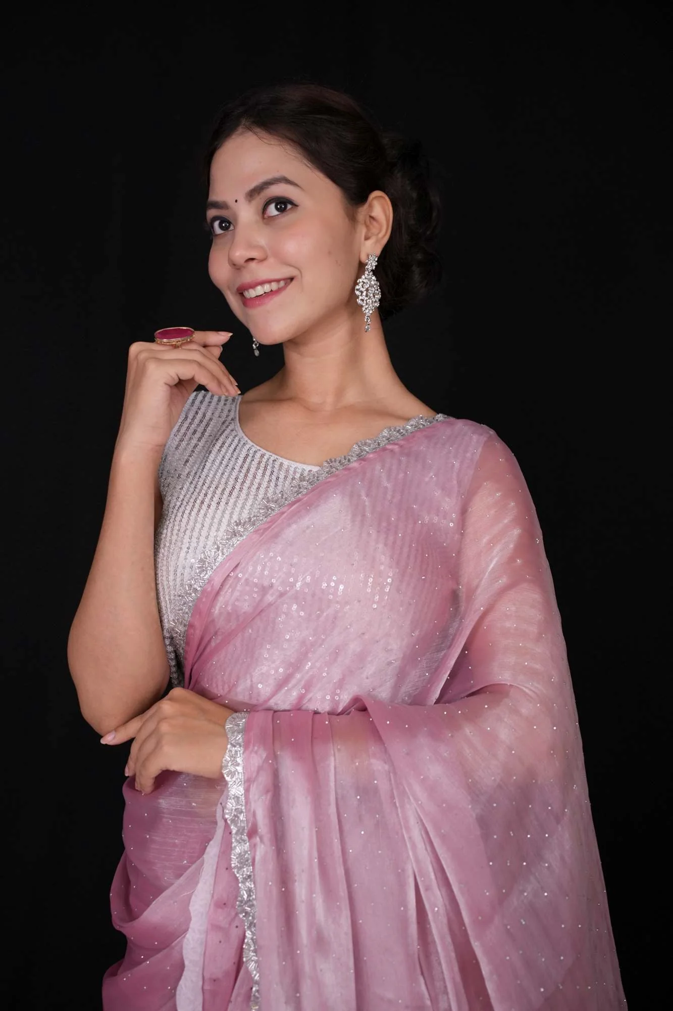 Premium Chiffon silk with silver lace border and stone embellishments all over Predraped Ready to Wear Saree - Image 7
