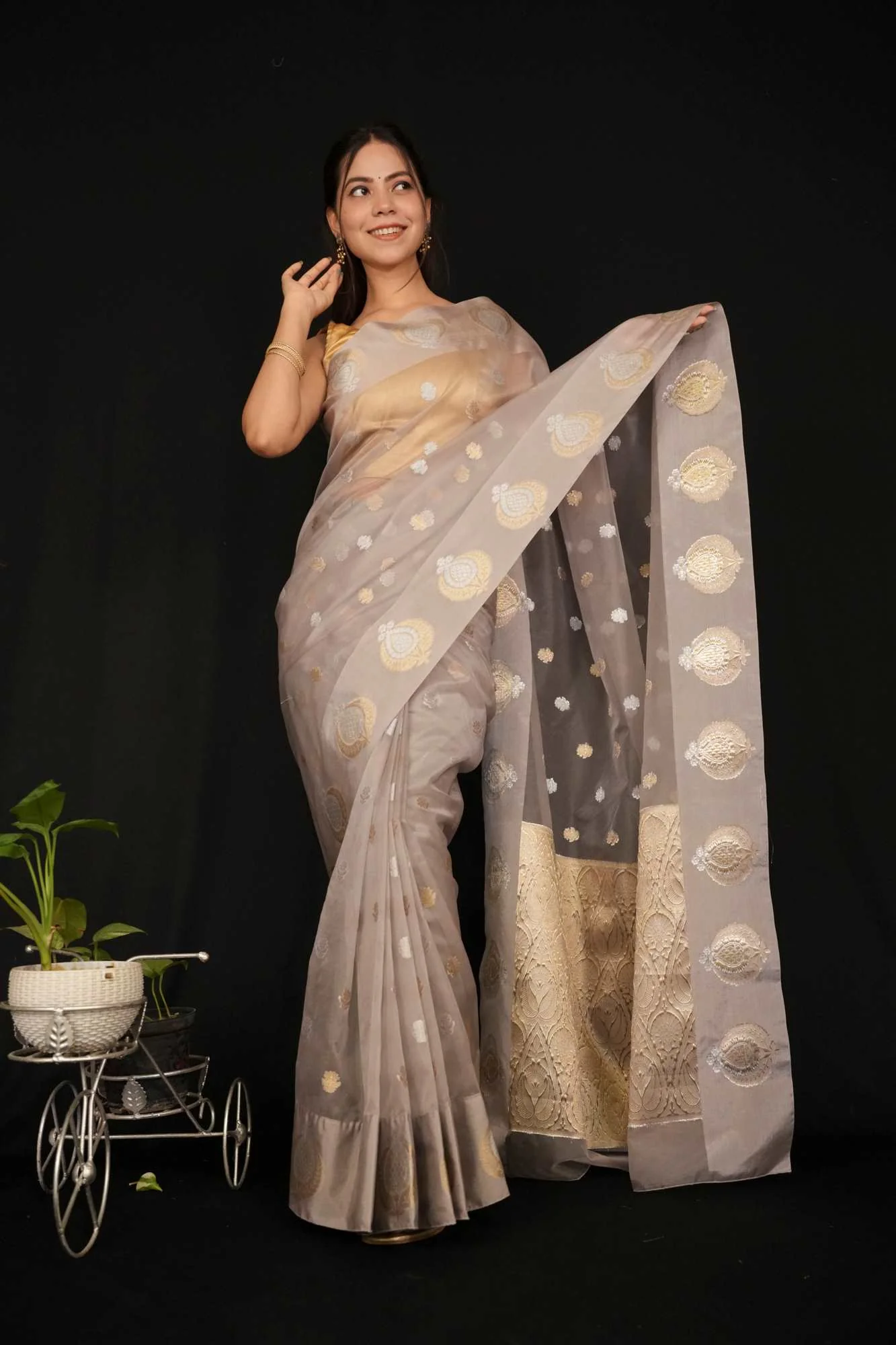 Premium Kota Silk Organza With Jacquard Weave Motifs & Ornate Palla Ready To Wear Saree - Image 2