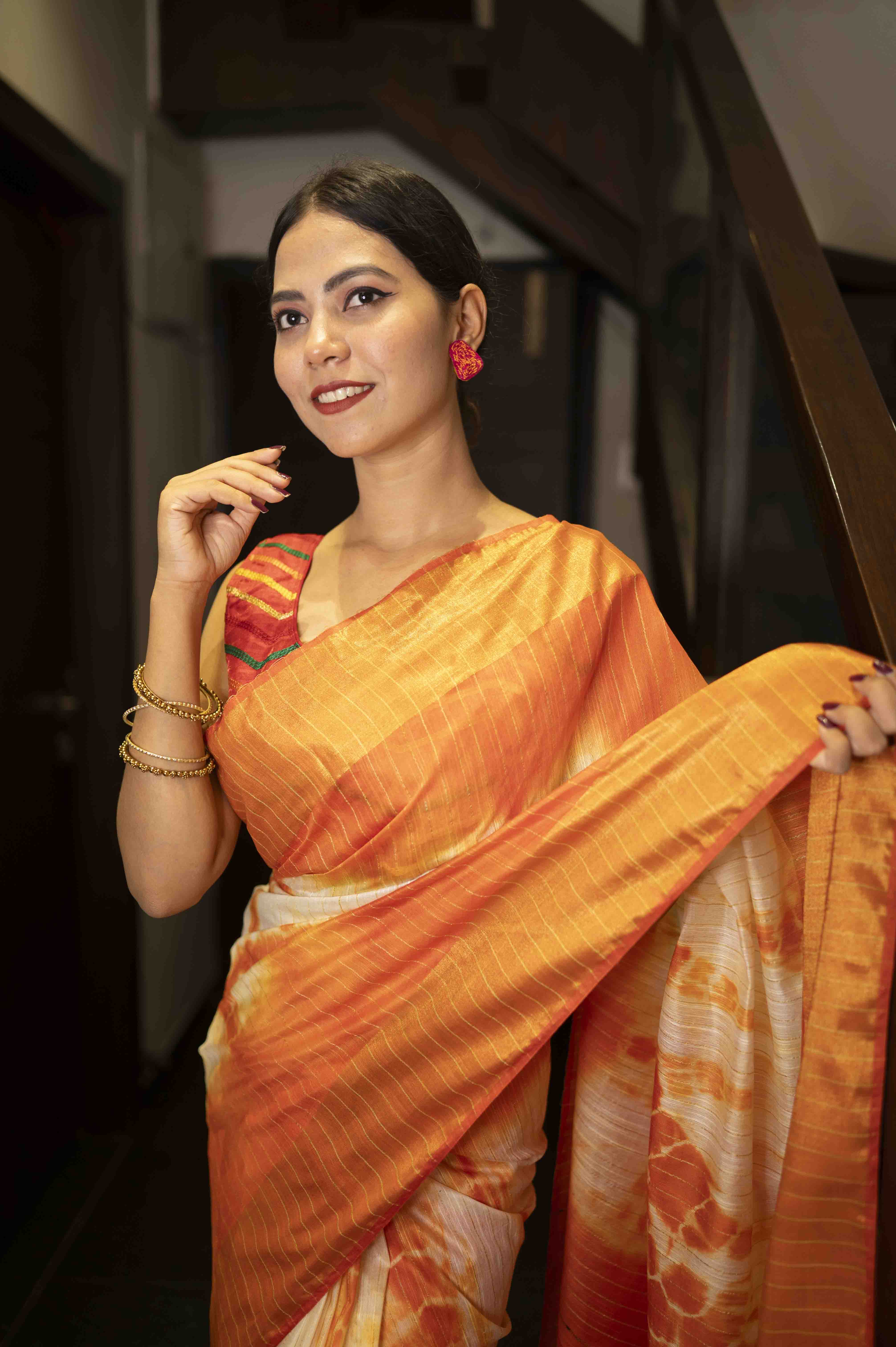 Premium  Orange Shibori Bhagalpuri Cotton Silk with woven Zari and sequins With Ornate Pallo   Wrap in 1 minute saree - Image 7