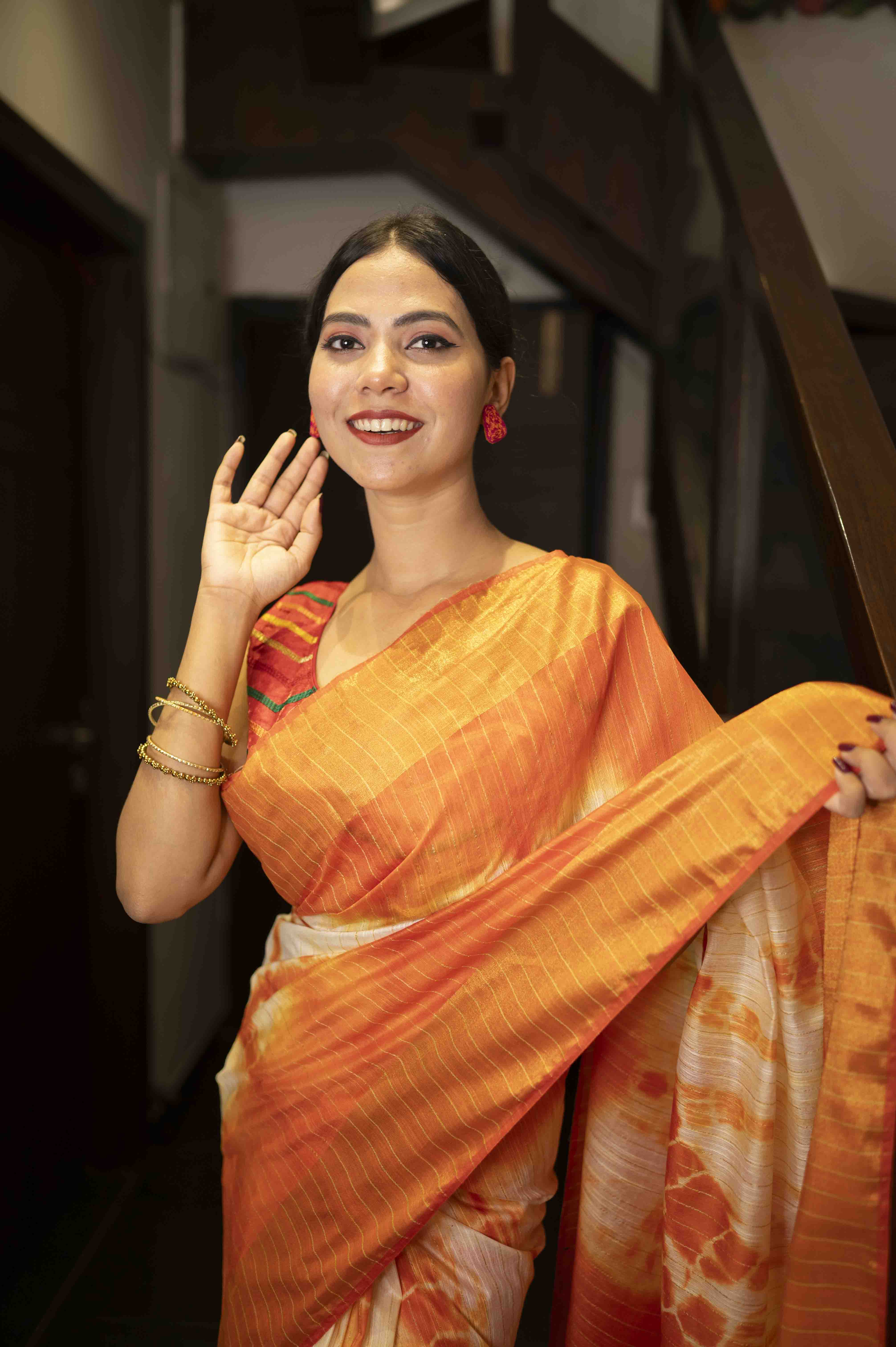 Premium  Orange Shibori Bhagalpuri Cotton Silk with woven Zari and sequins With Ornate Pallo   Wrap in 1 minute saree - Image 8