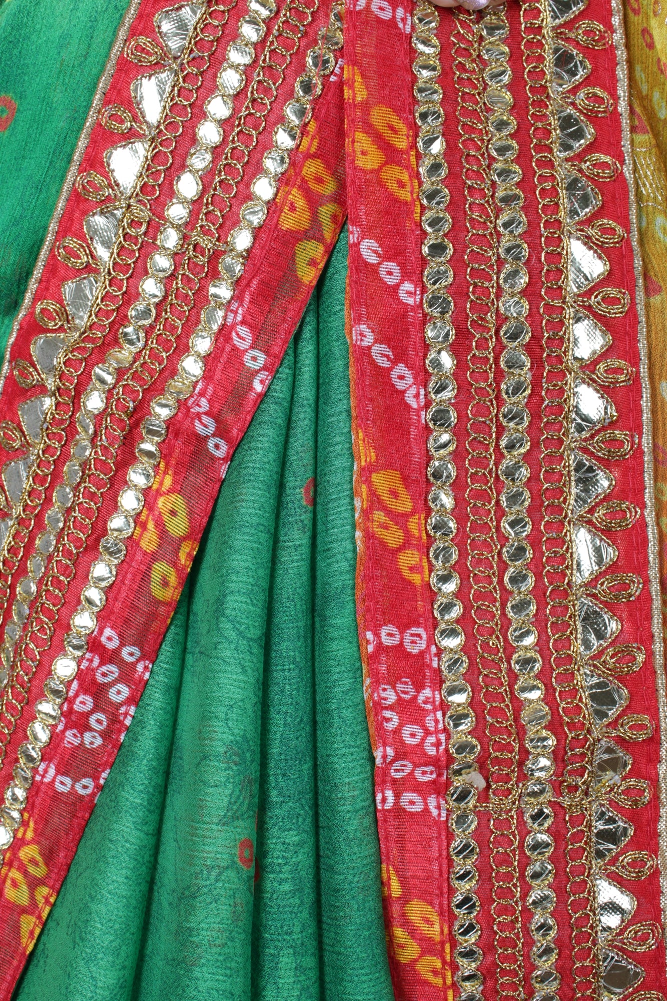 Prepossessing Green Bandhej With Gota Patti Border Wrap In One Minute Saree - Image 12