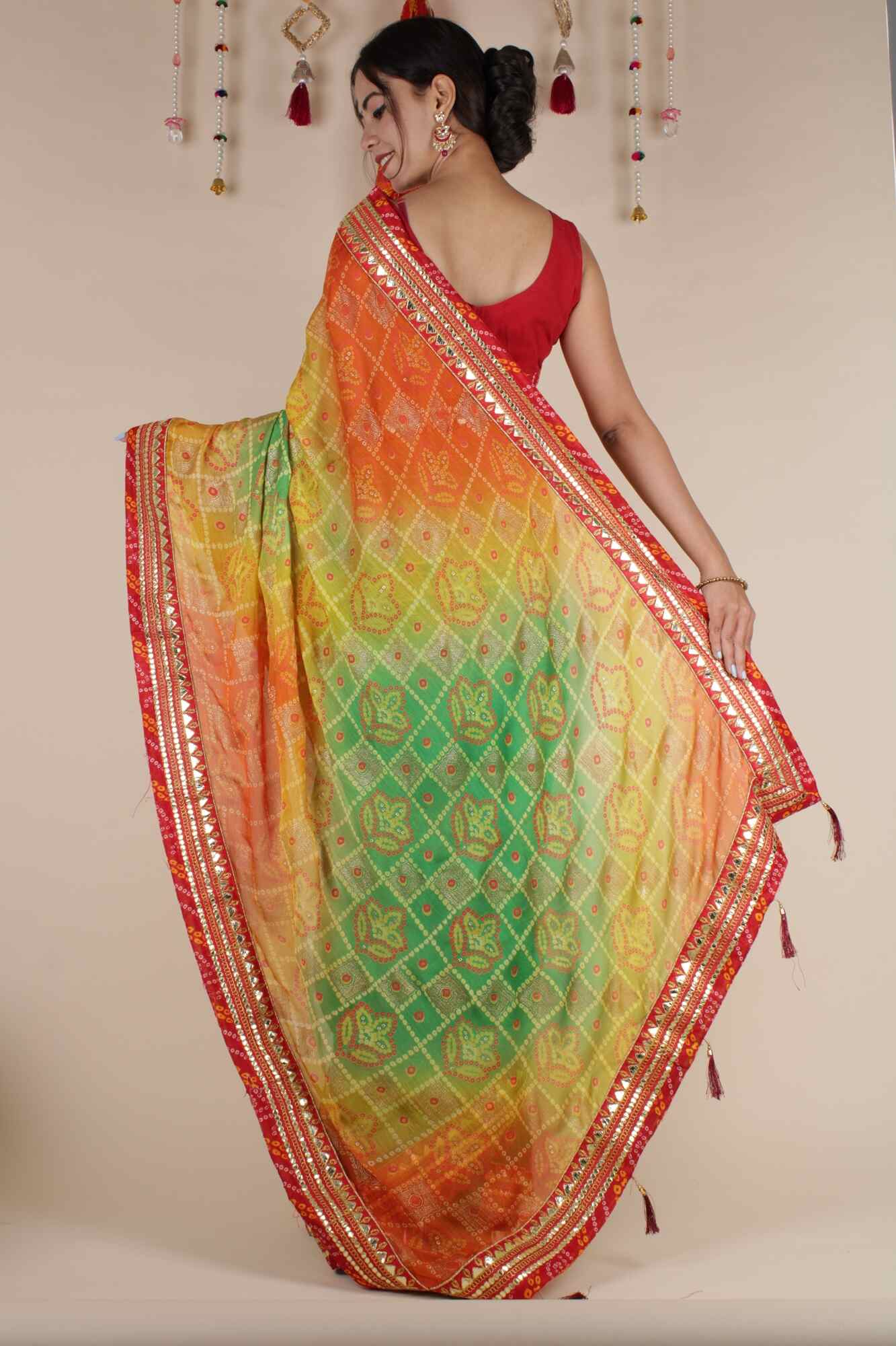 Prepossessing Green Bandhej With Gota Patti Border Wrap In One Minute Saree - Image 9