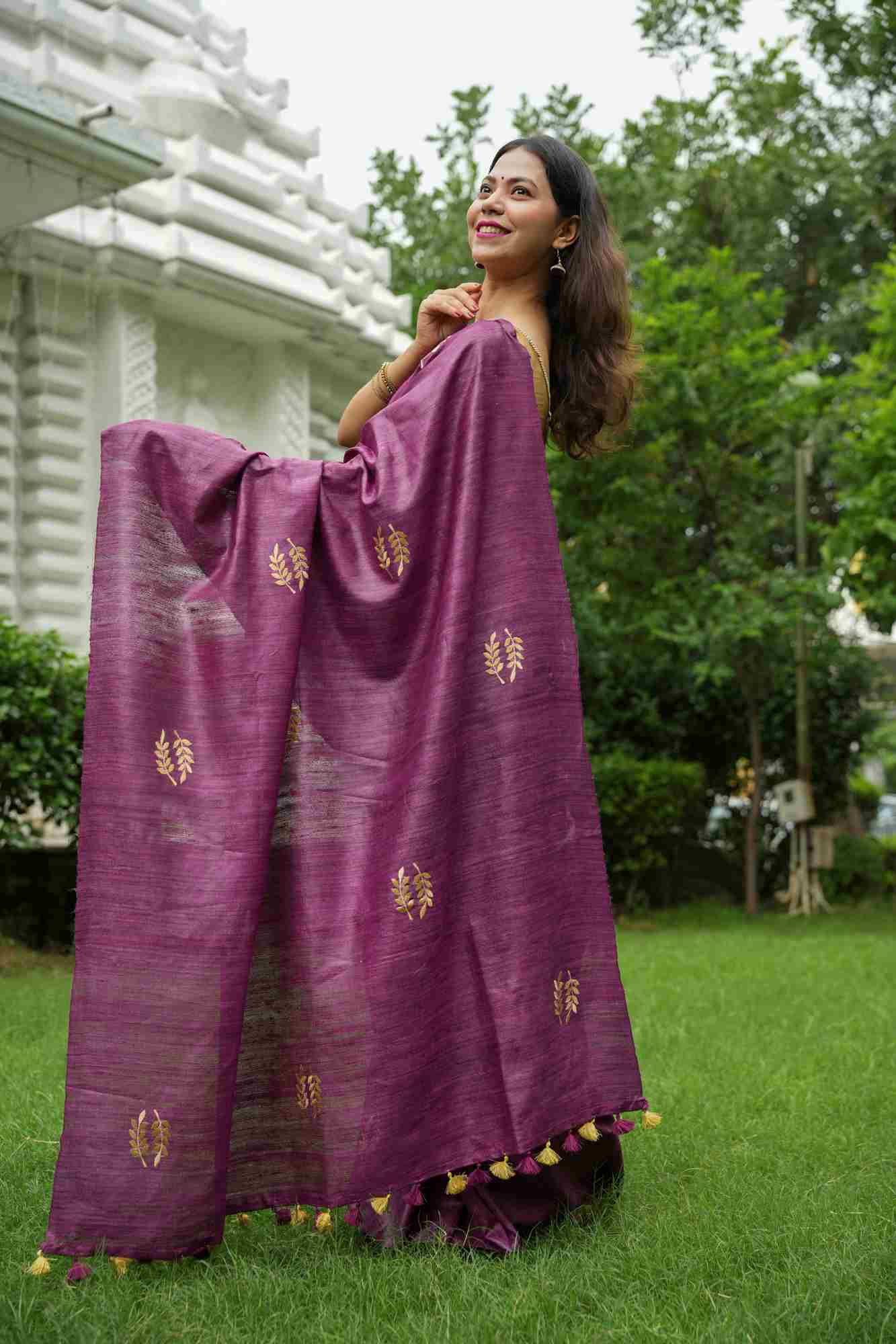 Pure Certified Tussar Silk with Hand Woven & Normal Dyed Embroidery Wrap in 1 Minute Saree - Image 2