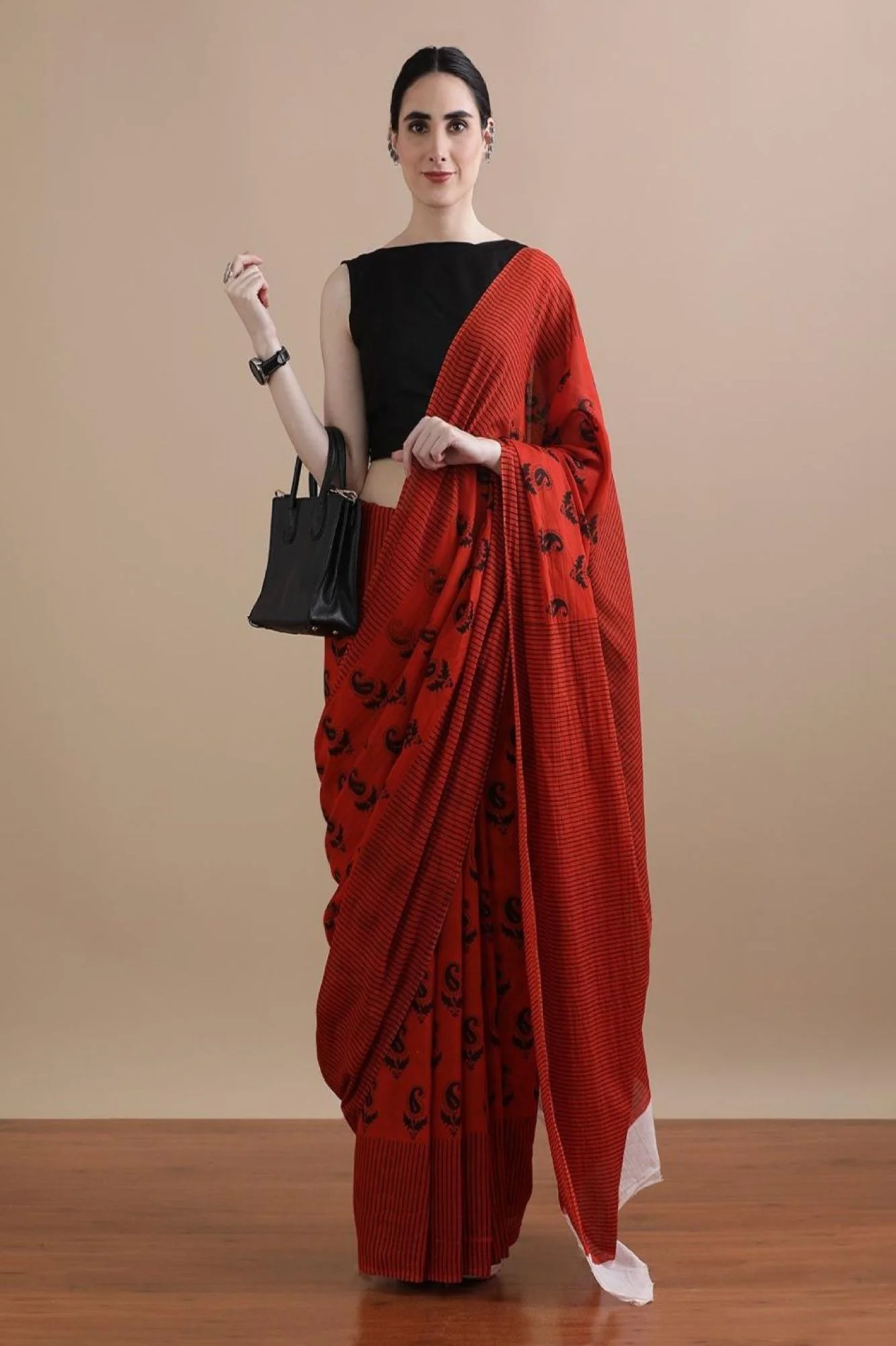 Pure Mul Mul Cotton Red ready to wear saree with Vegetable dye Hand Block print Wrap In 1 Minute Saree - Image 10