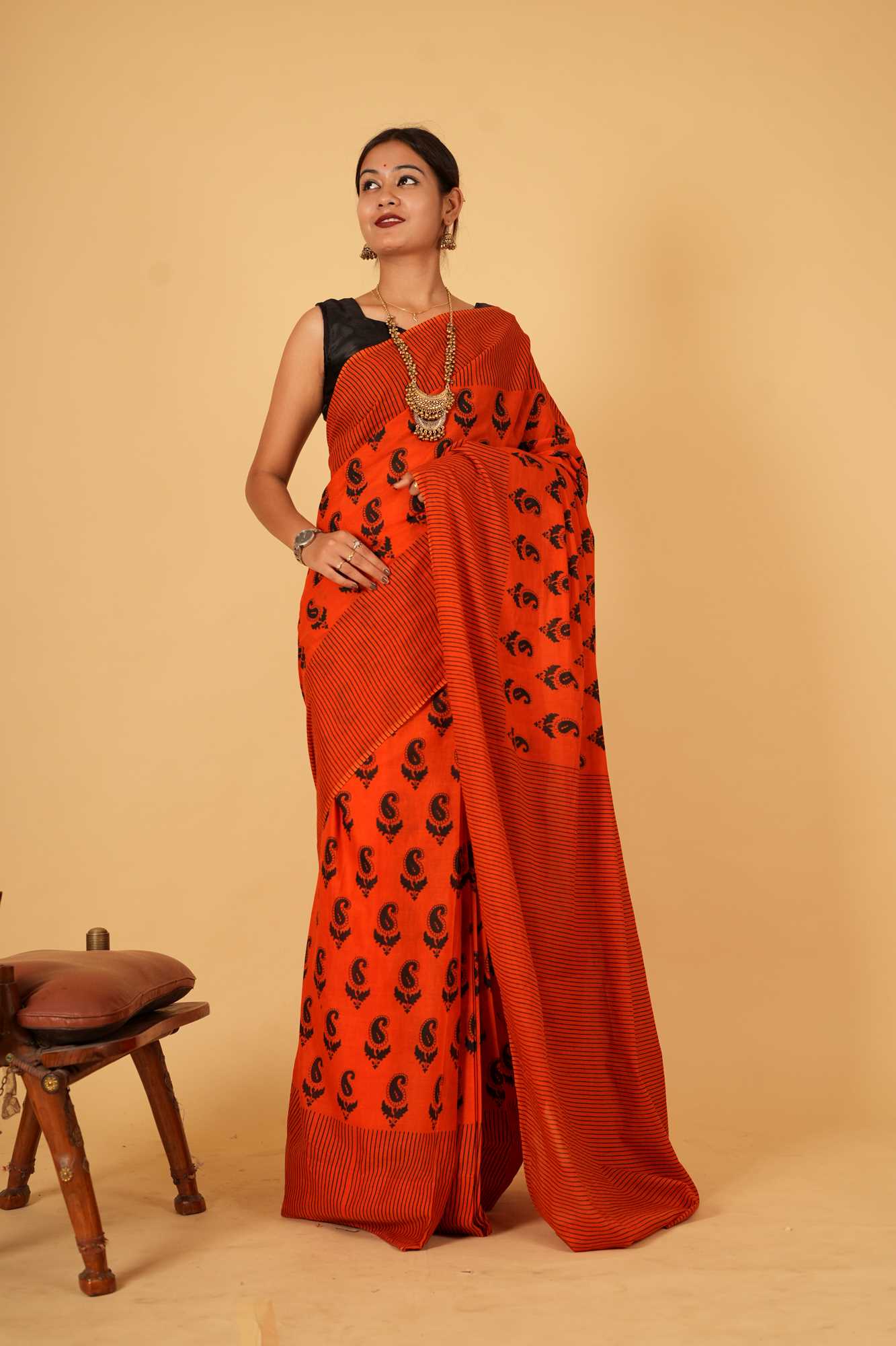 Pure Mul Mul Cotton Red ready to wear saree with Vegetable dye Hand Block print Wrap In 1 Minute Saree - Image 5