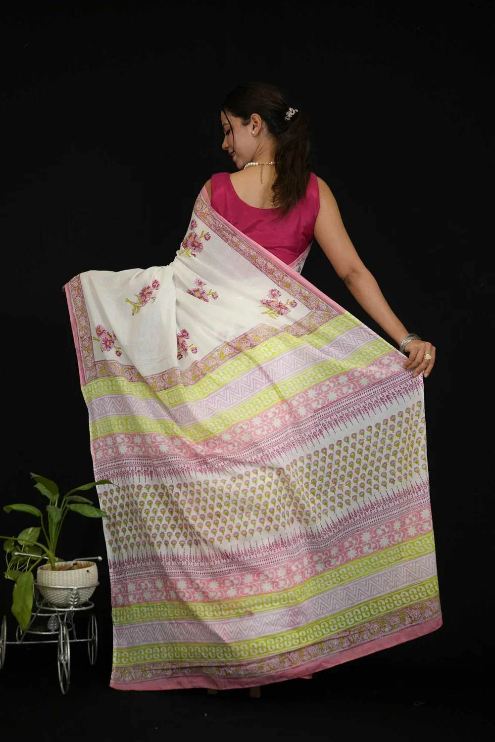 Pure Mulmul Cotton with All Over Vegetable Dye Hand Block Printed Ready To Wear Saree - Image 5