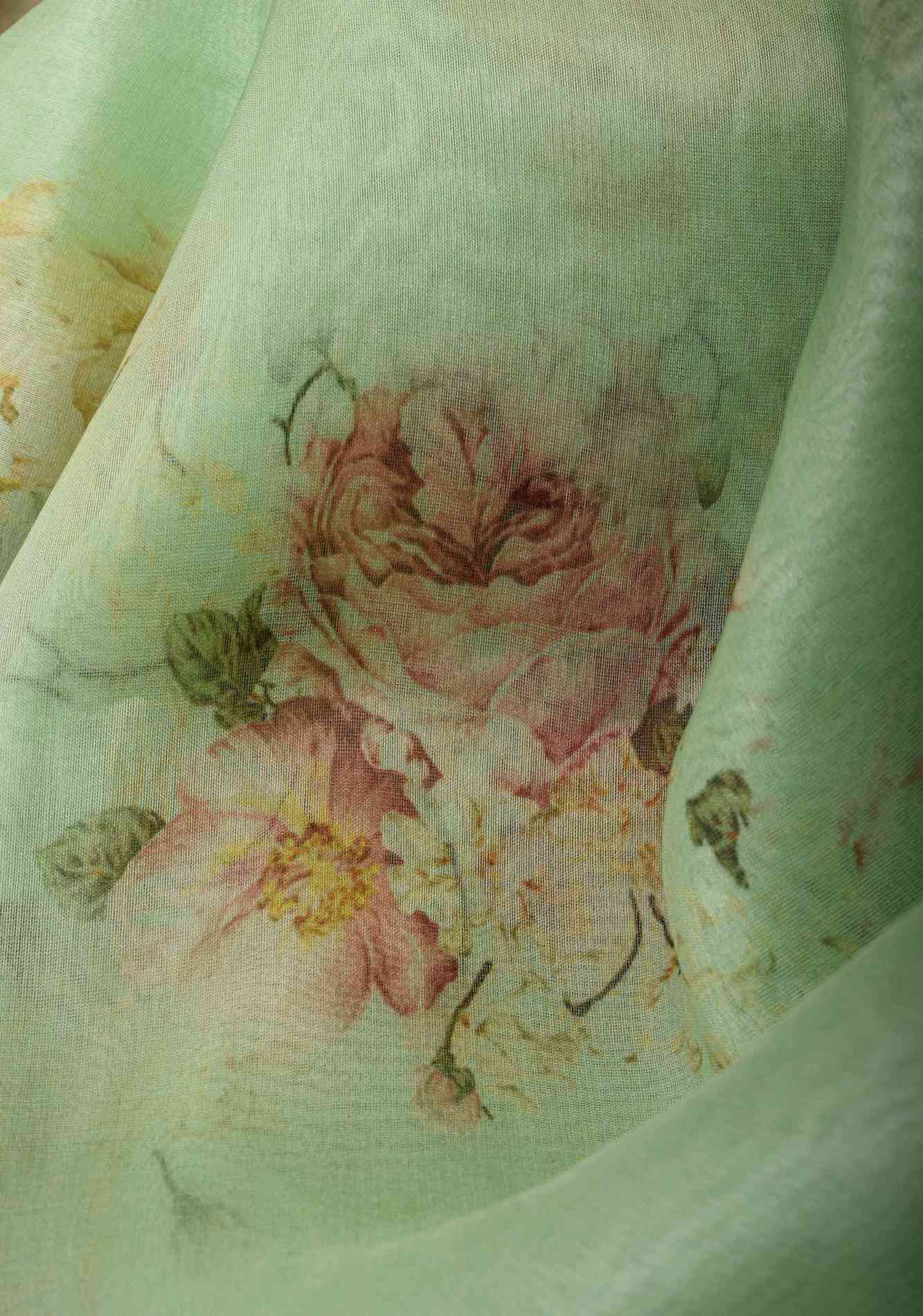 Pure Organza Silk Saree in Green with Floral Digital Print and Lace Trim Border | SILK MARK CERTIFIED Ready To Wear Saree - Image 8