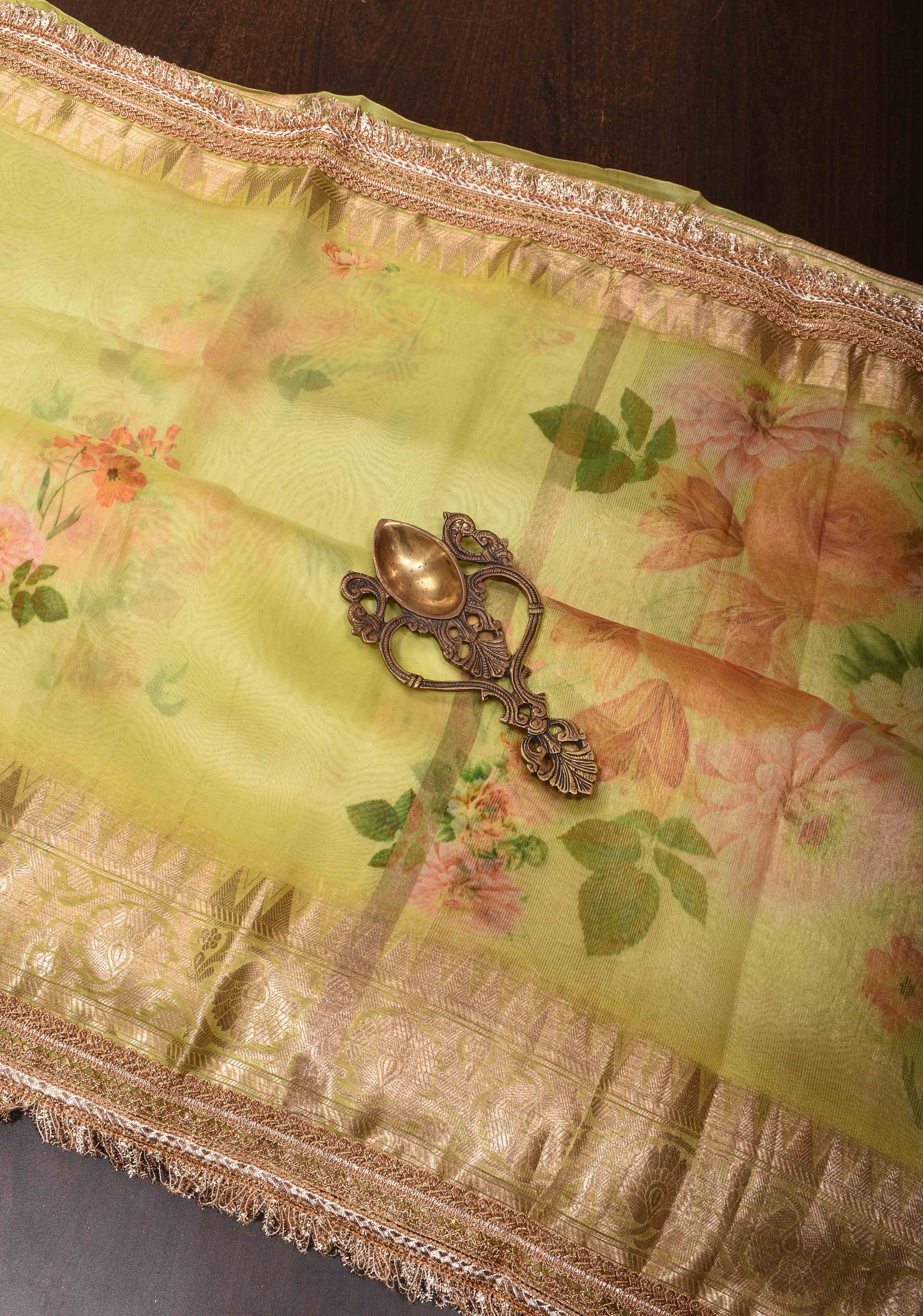 Pure Organza Silk Saree in Lemon Yellow with Floral Digital Print and Lace Trim Border | SILK MARK CERTIFIED | Shobitam - Image 2