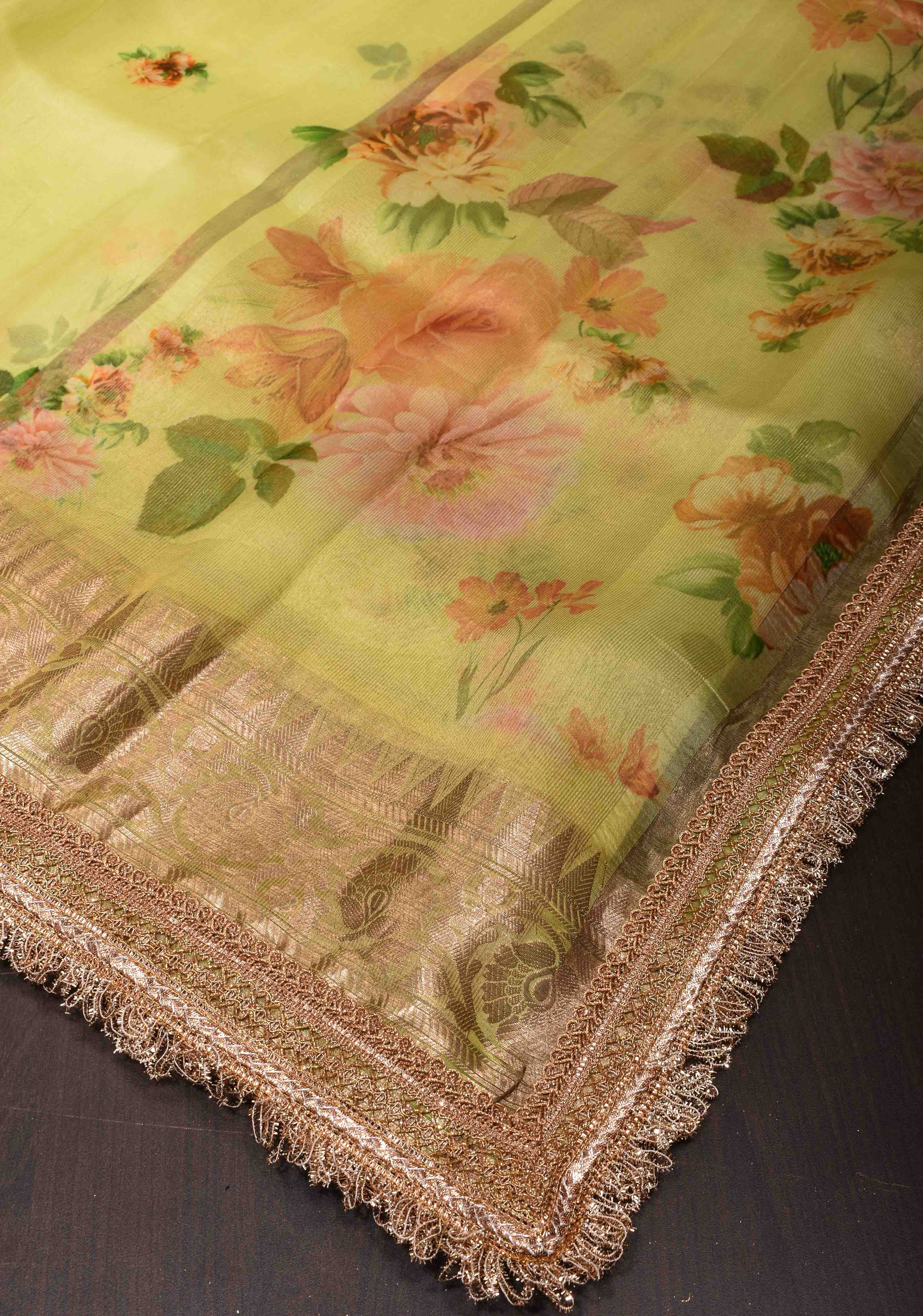 Pure Organza Silk Saree in Lemon Yellow with Floral Digital Print and Lace Trim Border | SILK MARK CERTIFIED | Shobitam - Image 6