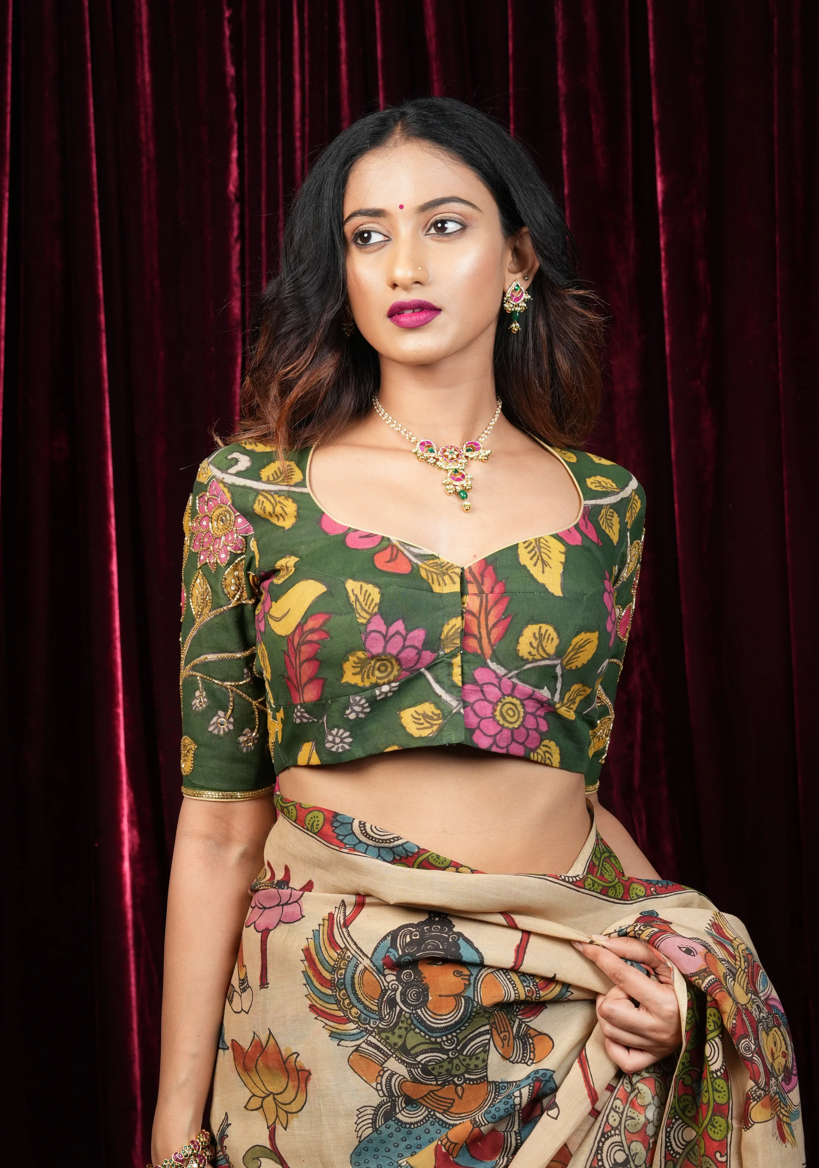 Pure Pen Kalamkari Blouse in olive green with peacock motifs and cutdana sequin hand work - Image 2