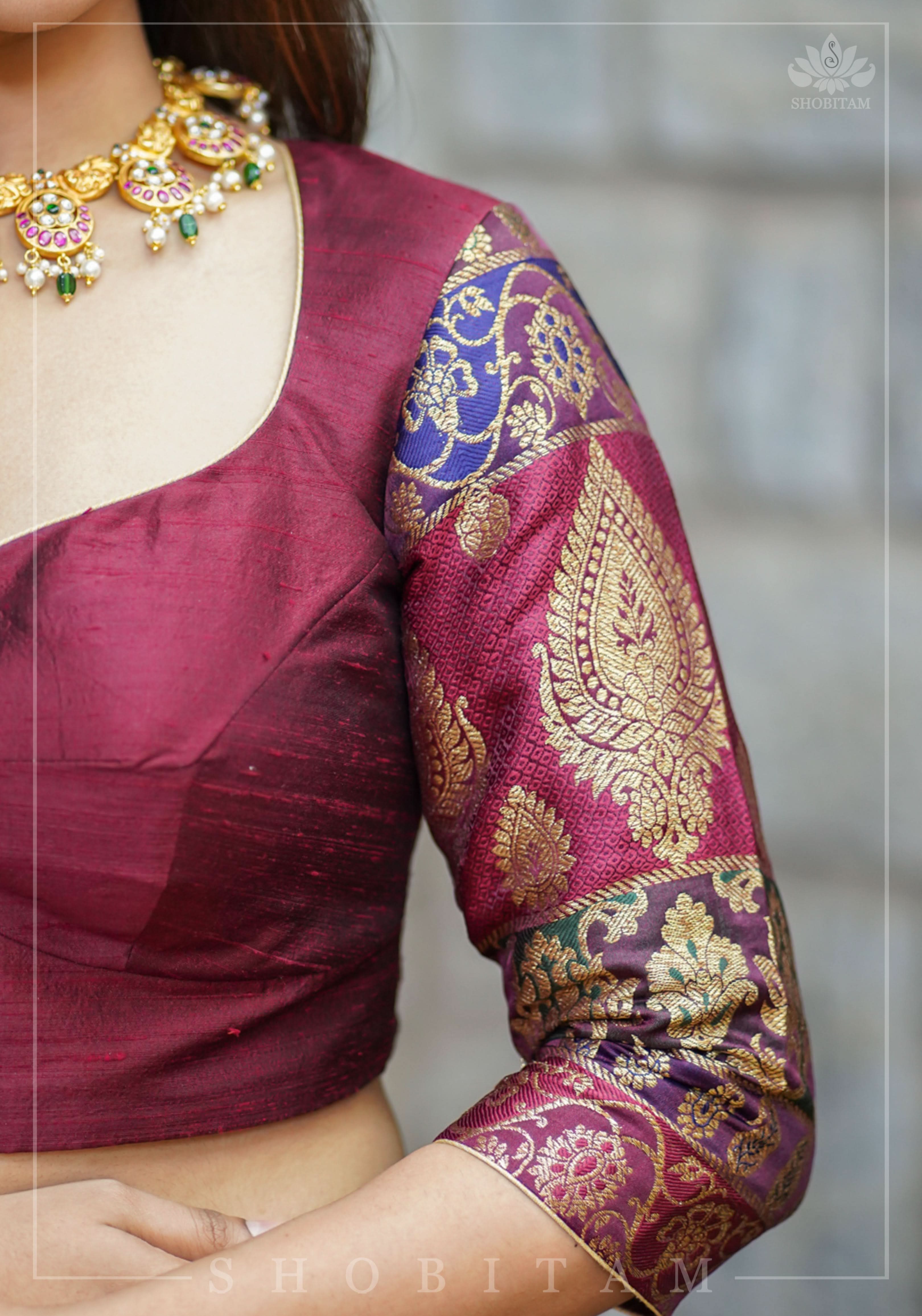Pure Raw Silk and Below elbow sleeve Sleeve Banarasi Brocade Blouse in Maroon | Shobitam - Image 2