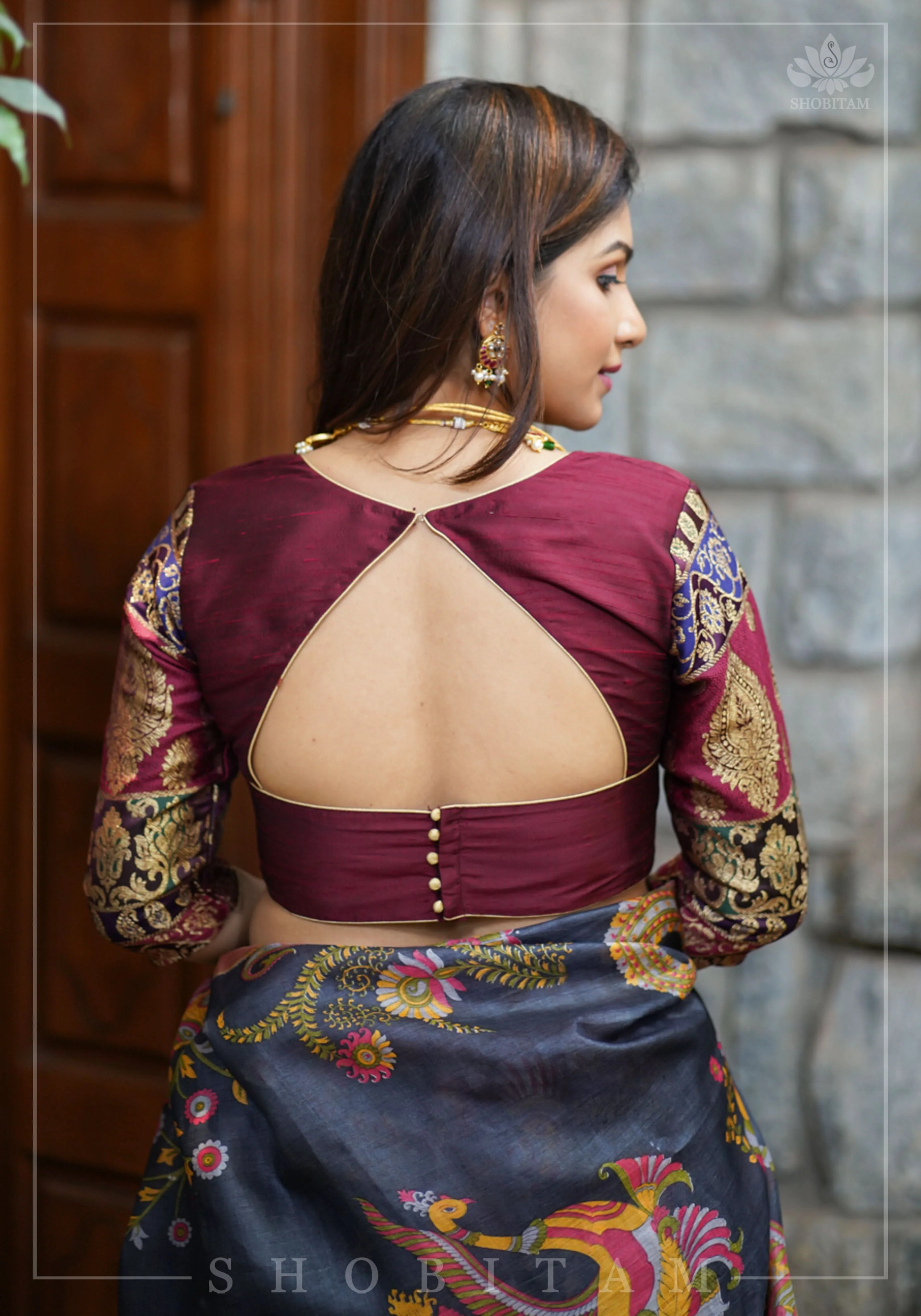 Pure Raw Silk and Below elbow sleeve Sleeve Banarasi Brocade Blouse in Maroon | Shobitam - Image 5